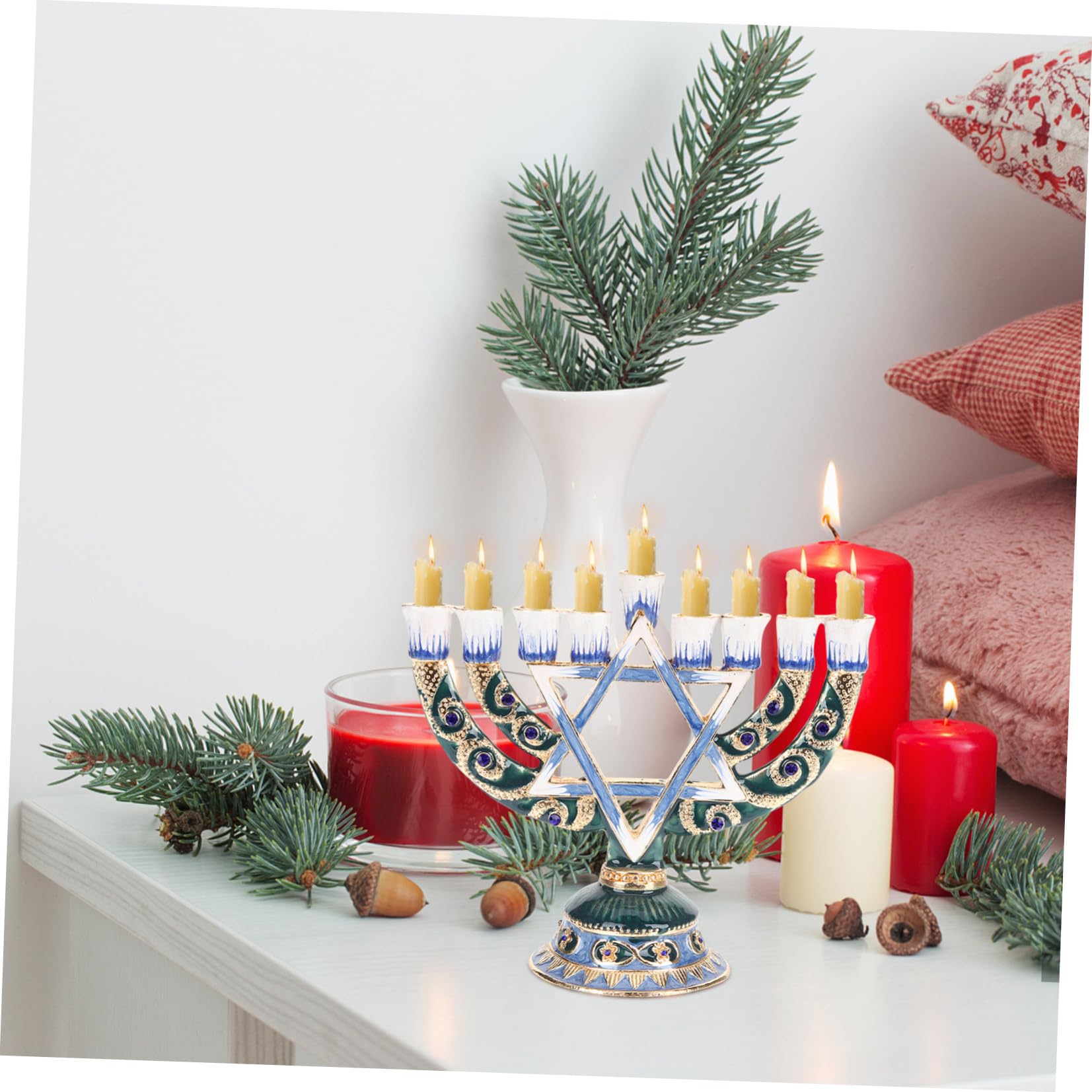 Luxshiny Candelabro Ebraico a 9 Bracci in Lega Retro Decorativo per Festa di Hanukkah Ornamento Stabile per Tavolo in Hotel e Casa