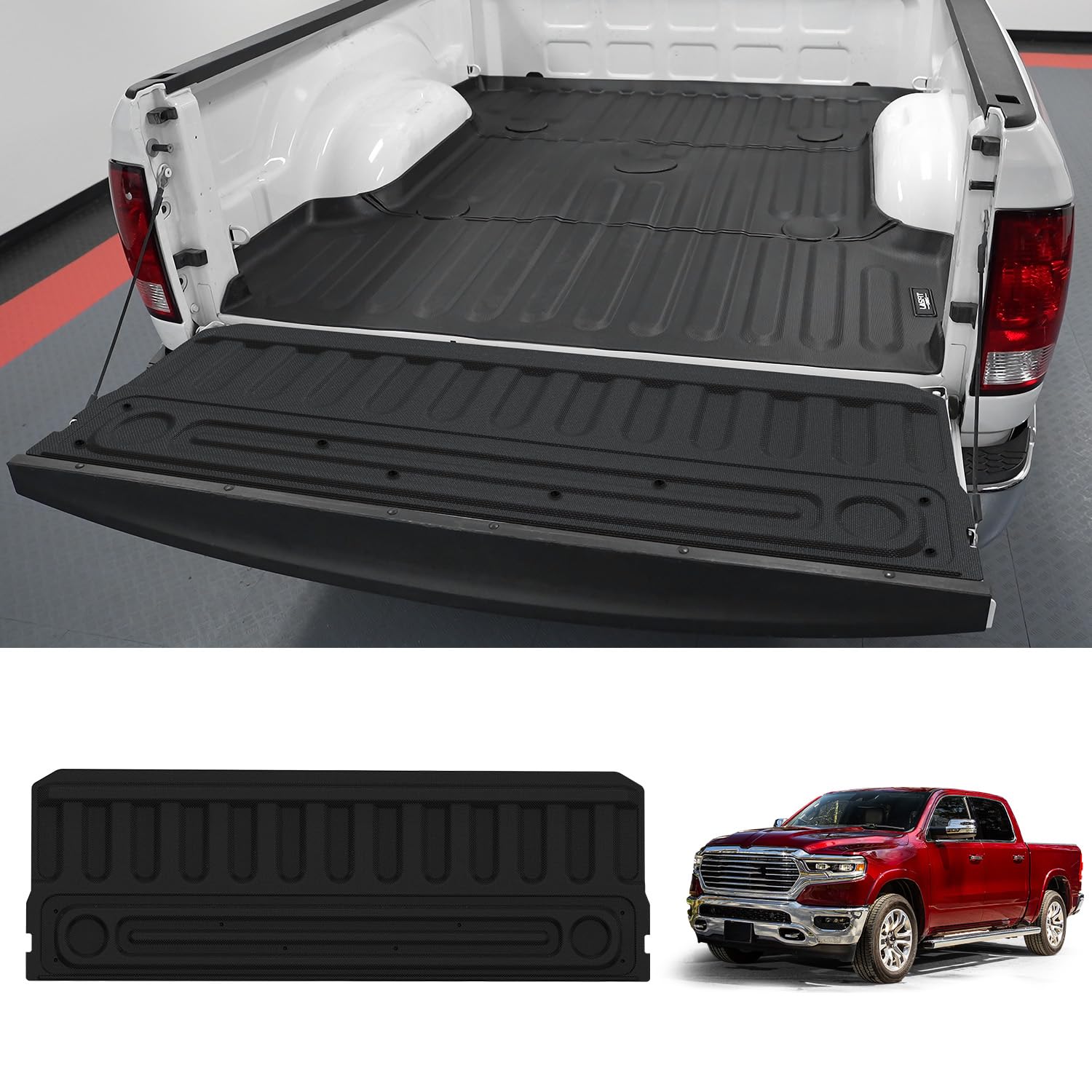 LASFIT Tailgate Mat for Ram 1500 2009-2018, for Ram 2500/3500 2009-2025, for Ram 1500 Classic 2019-2024 Standard Tailgates, All Weather TPE Tailgate Protector Liner Replacement Accessories, Black