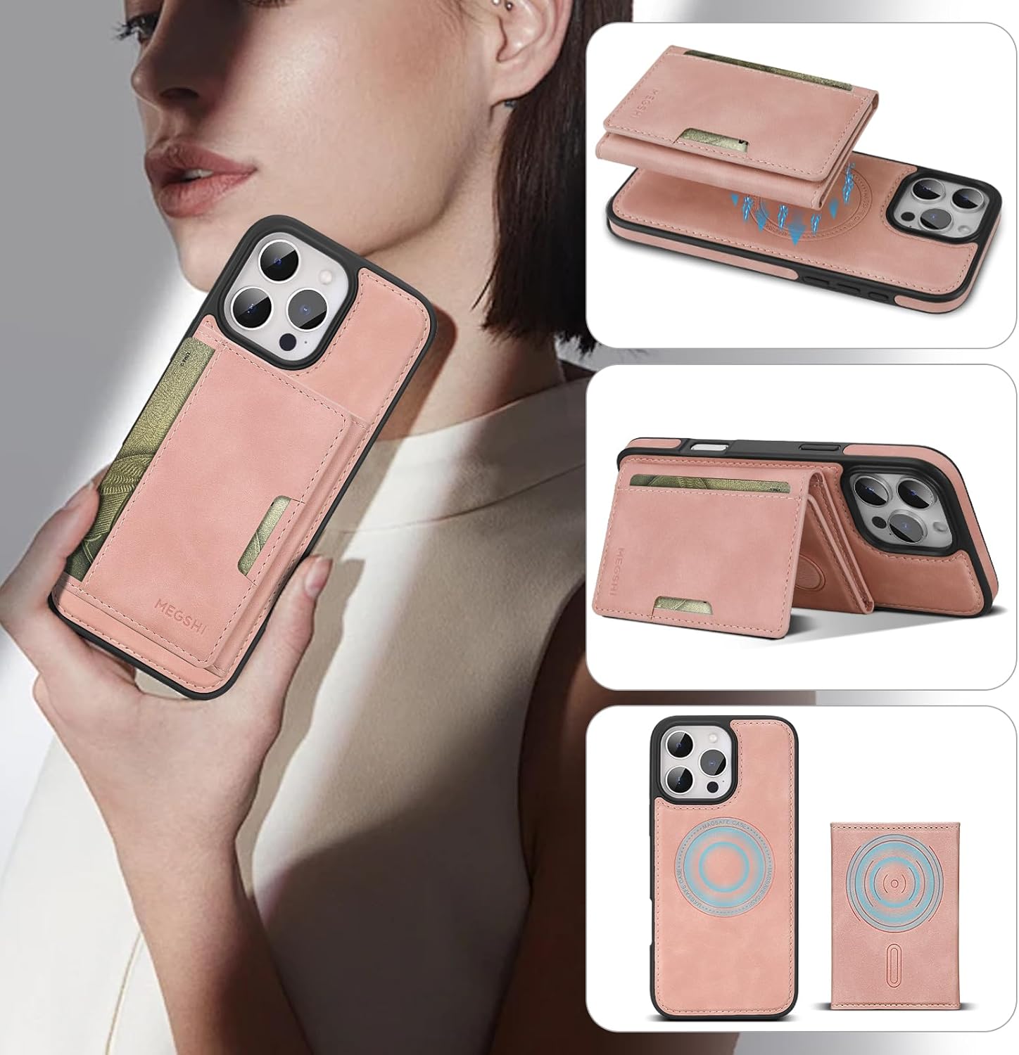 for iPhone 12 pro max Wallet Case, 2-in-1 Detachable Wallet Case, Card Holder RFID Blocking, Fashionable Faux Leather Card Slot & Folding Design (Pink 6.7'')