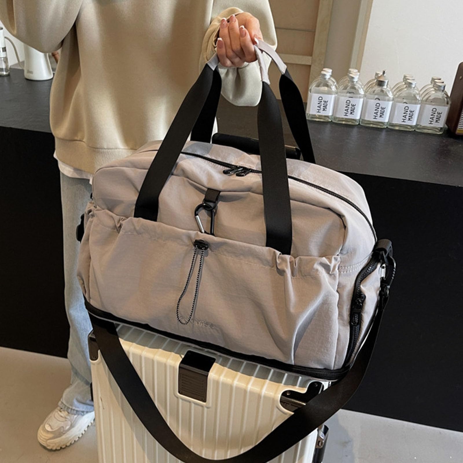 Wasserdichte Reisetasche, erweiterbar, für Fitnessausrüstung, Schwimmzubehör und Ausflüge, erweiterbare Sporttasche, khaki, Mass Beauty
