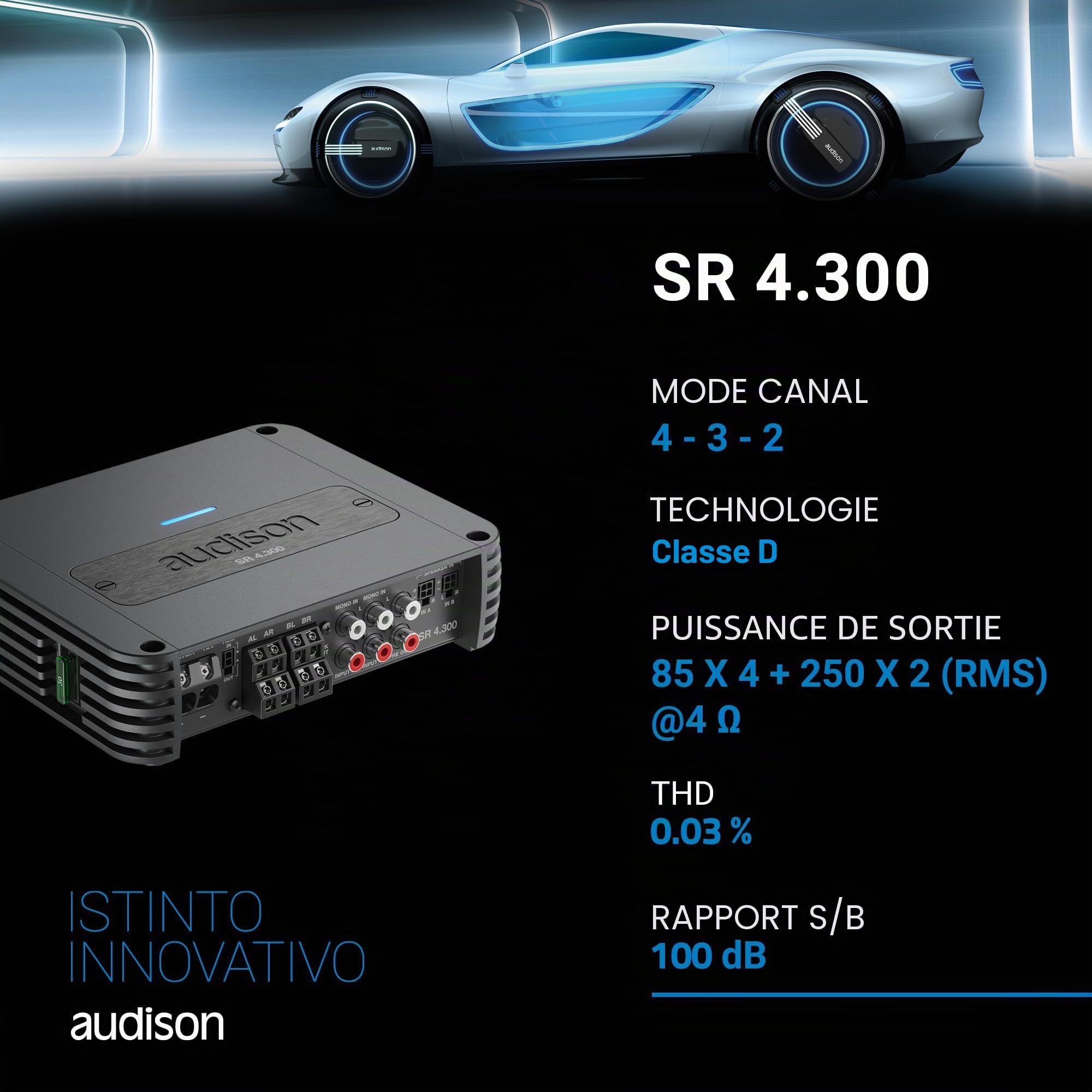 Audison SR 4.300 Amplificateur 4 Canaux Classe D, 4x85W RMS à 4 Ohm, Technologie USS, Entrée Haut Niveau, Design Compact Aluminium, 520W Total, Crossover