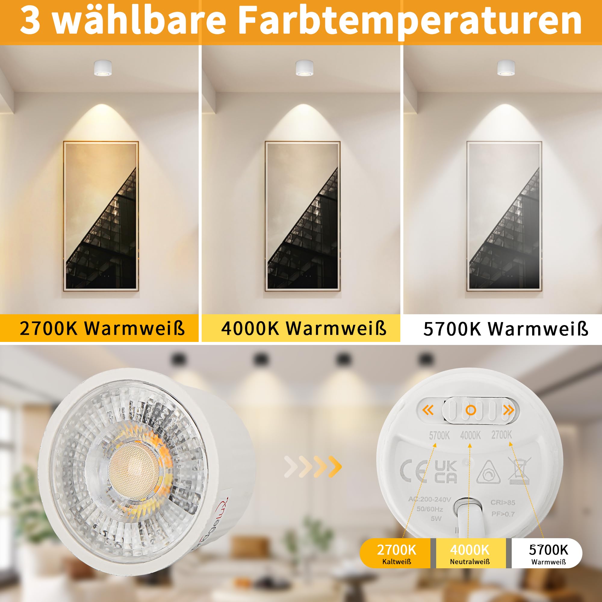 4x LED Aufbauspots Dimmbar 230V – 3 Farbtemperaturen 2700K/4000K/5700K – Extra Flach Ø80×50mm, 30° Schwenkbar, inkl. 5W LED Modul – Aufputz Deckenspots Weiß