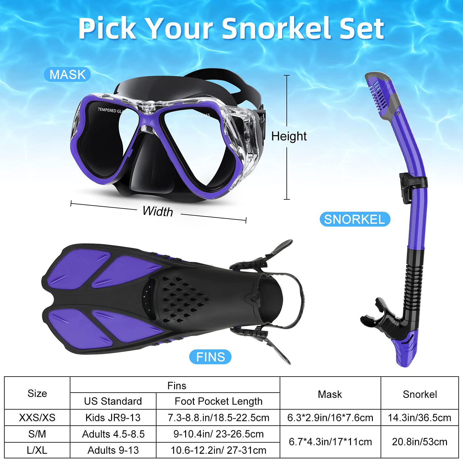 Zenoplige Mask Fins Snorkel Set Adults Men Women, Swim Goggles 180 Panoramic View Anti-Fog Anti-Leak Dry Top Snorkel And Dive Flippers Kit With Gear Bag For Snorkeling Swimming Scuba Diving Training, Snorkeling