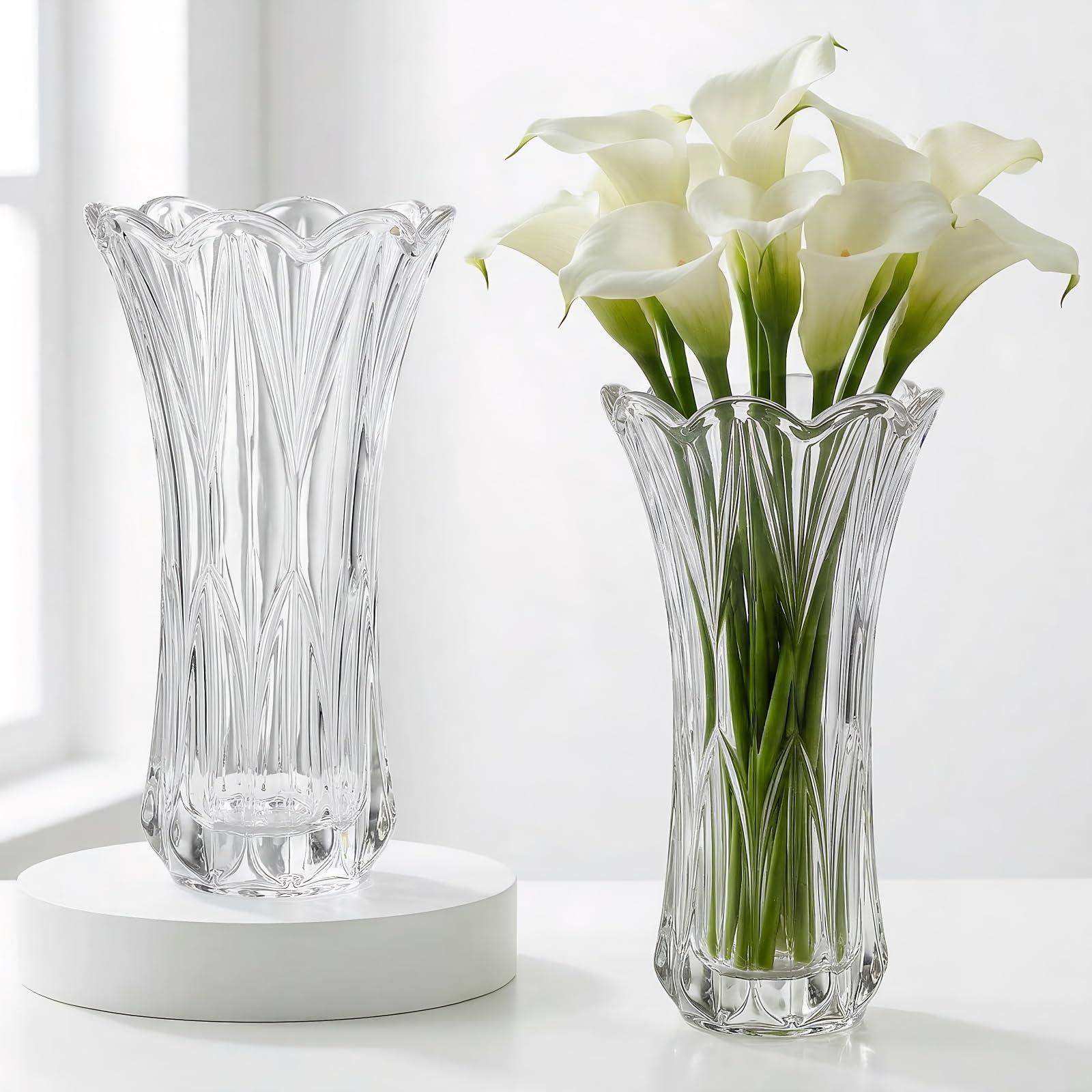 Pumtus Paquete de 2 jarrones de cristal, jarrón de cola de fénix transparente grueso de 9.5 pulgadas, jarrón decorativo moderno para centros de mesa, decoración del hogar, boda, fiesta, oficina