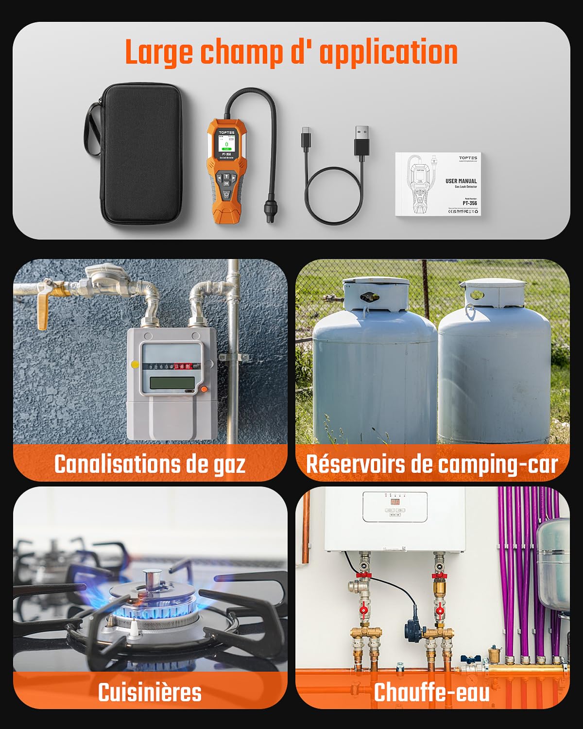 TopTes PT-356 Détecteur de gaz Rechargeable avec col de Cygne de 25 cm, Plage 0-20% LEL, système d’Alarme Triple, détecteur de Fuite de gaz à Double Affichage pour méthane, Butane, Propane