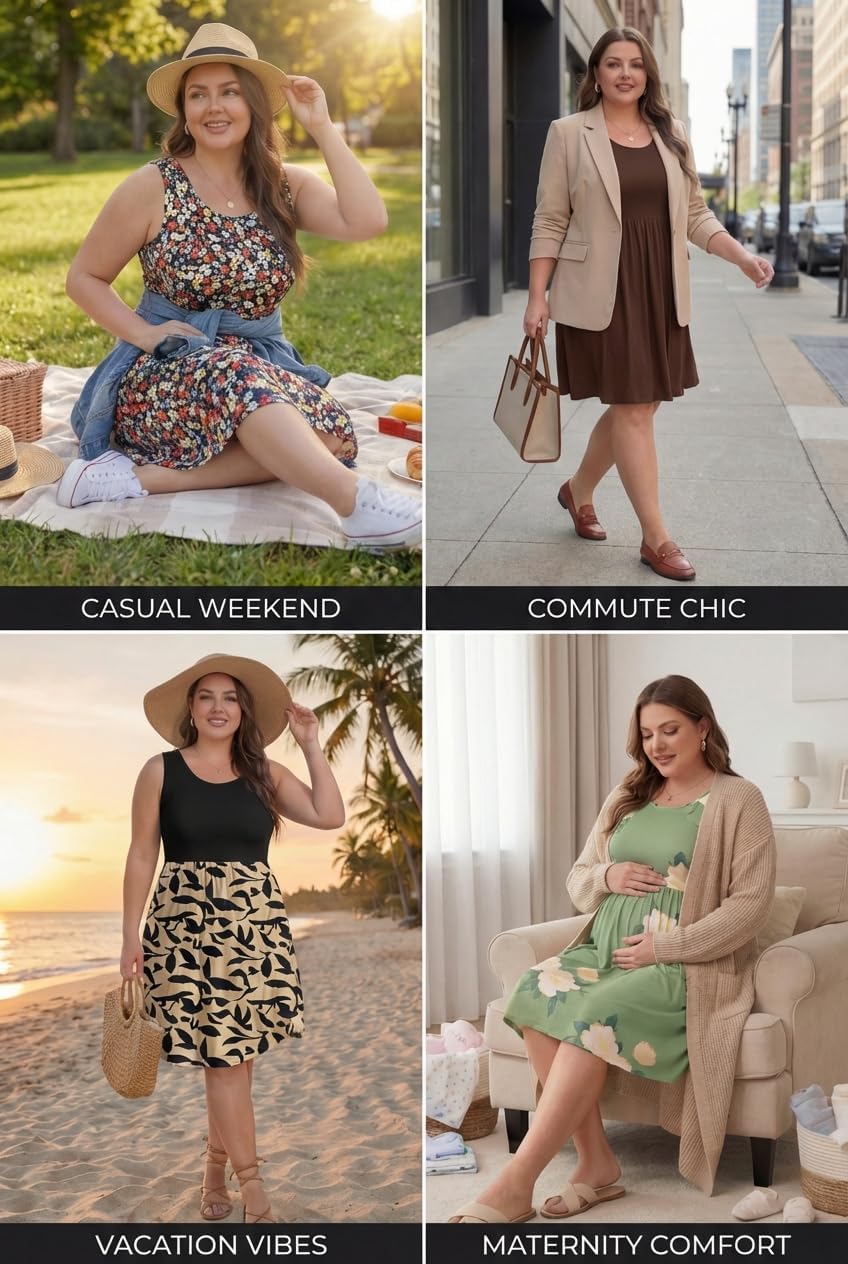 OLRIK Womens 2026 Plus Size Sundress A-Line Summer Sleeveless Knee Length Empire Waist T-Shirt Dress with Pockets - Image 6