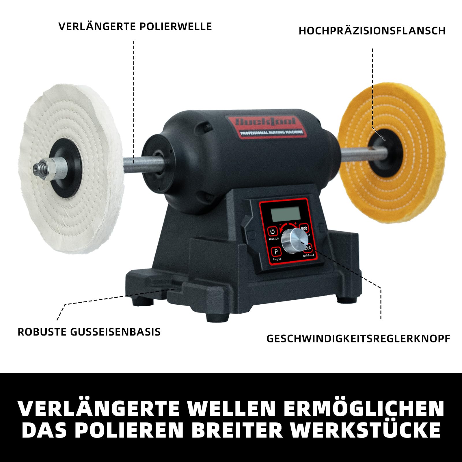 BUCKTOOL 750W Tischpoliermaschine, 200mm VFD Tischschleifer, 900-3600 U/min | Ein-Knopf-Drehzahlregelung, Verlängerter Polierschaft und Polierbock für Schmuck, Metallbearbeitung und Hochglanzfinish