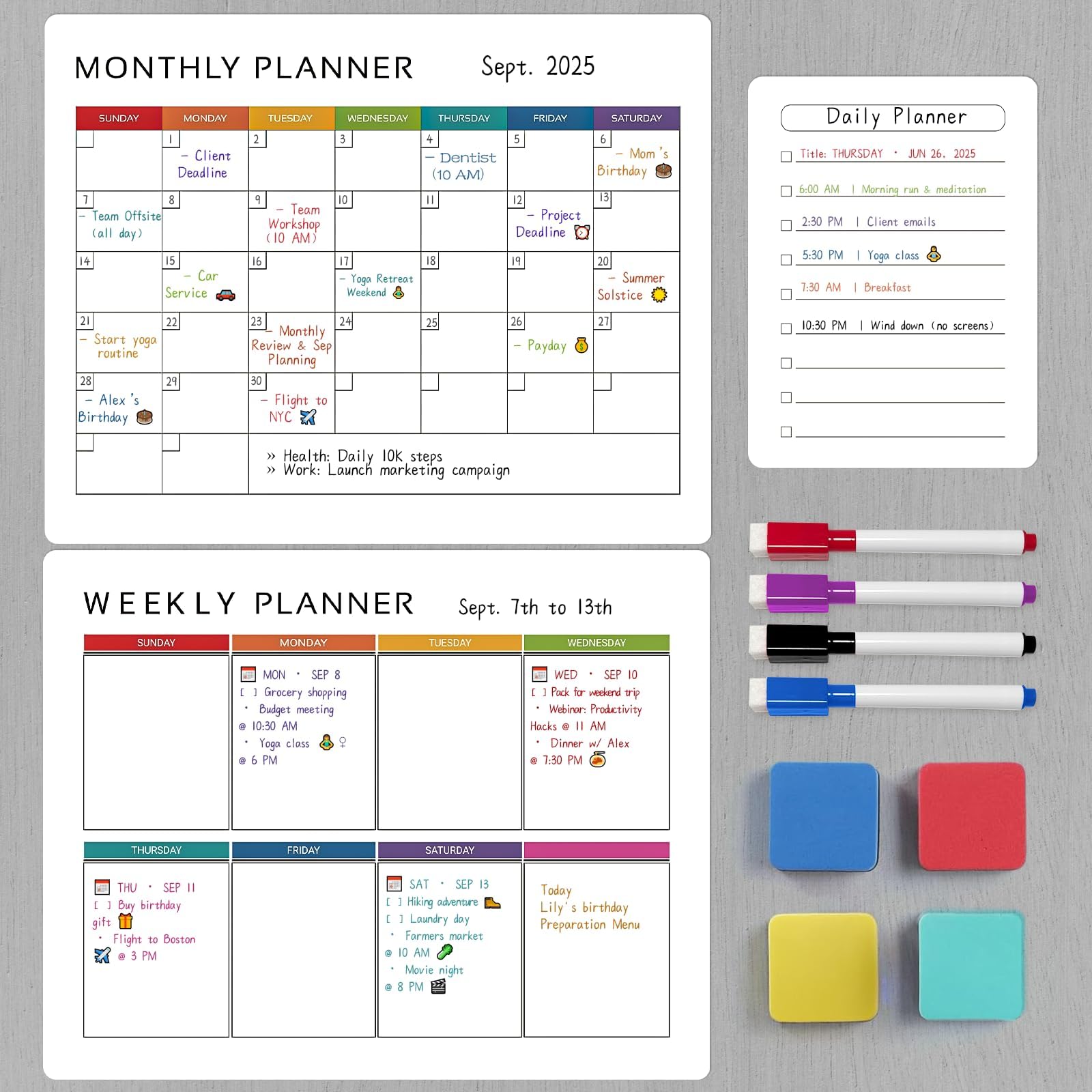 Dry Erase Calendar for Fridge, Magnetic Calendar for Refrigerator - 3 Pack Monthly, Weekly, Daily Planner Magnet Whiteboard for Wall, Door, Family Schedule Planning Board