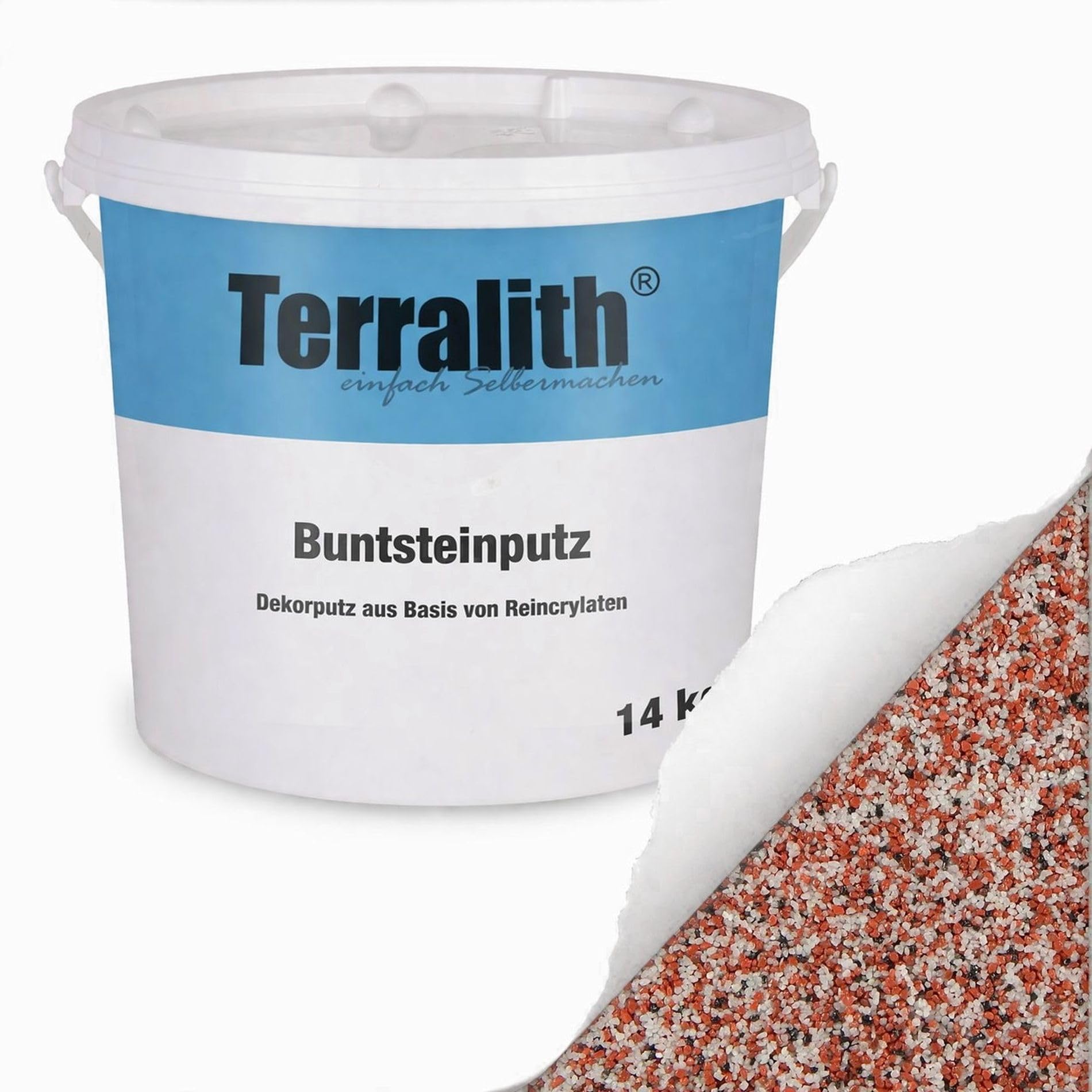 Terralith Buntsteinputz 14kg in rot-weiß, Sockelputz für Innen und Außen mit Reinacrylat Bindemittel aus Naturstein, 1-2mm Körnung (BSP50)