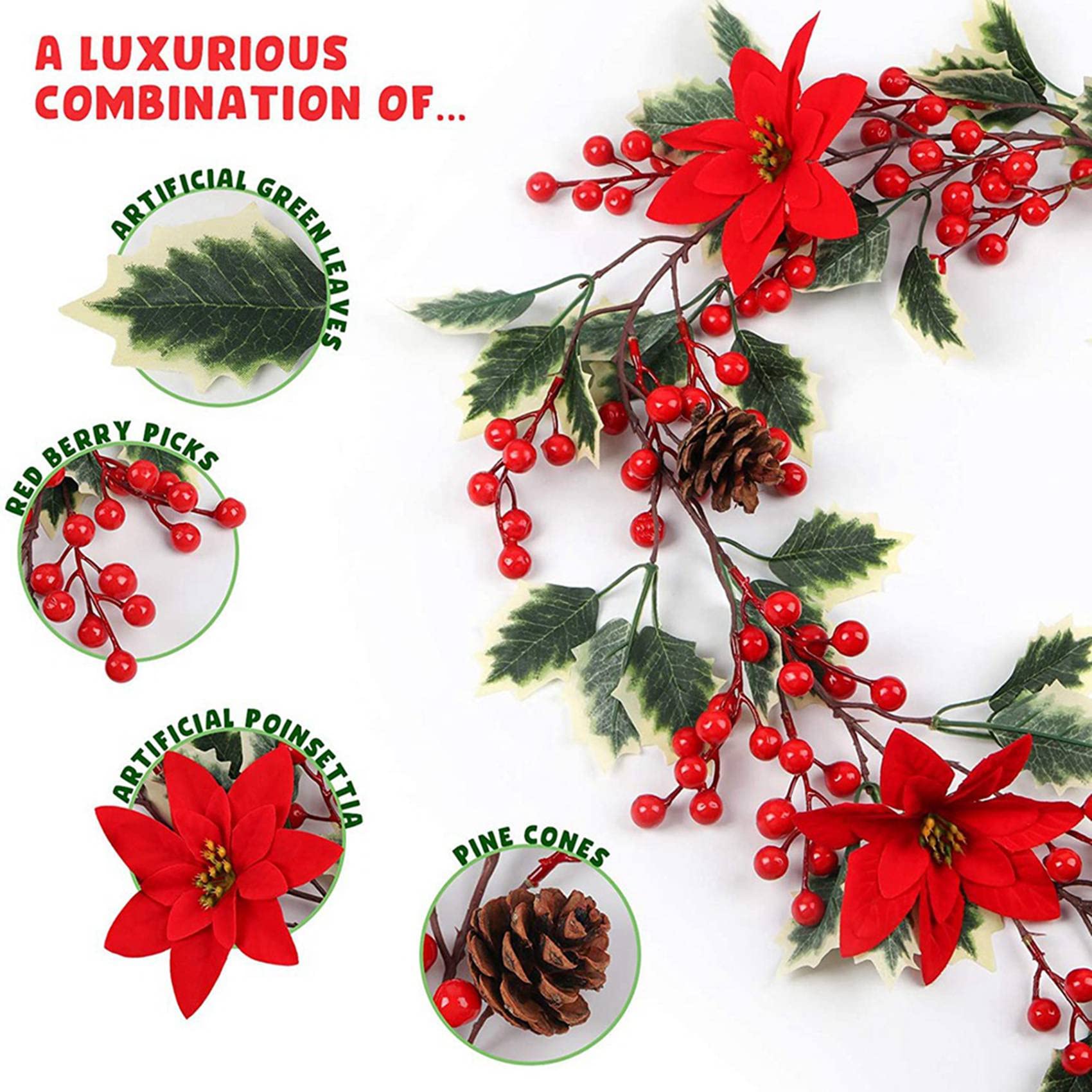 5X Guirnalda Navideña de Frutos Rojos de 6.3 Pies, Guirnalda de de Pascua Artificial, Guirnalda de Bayas Navideñas con Piñas