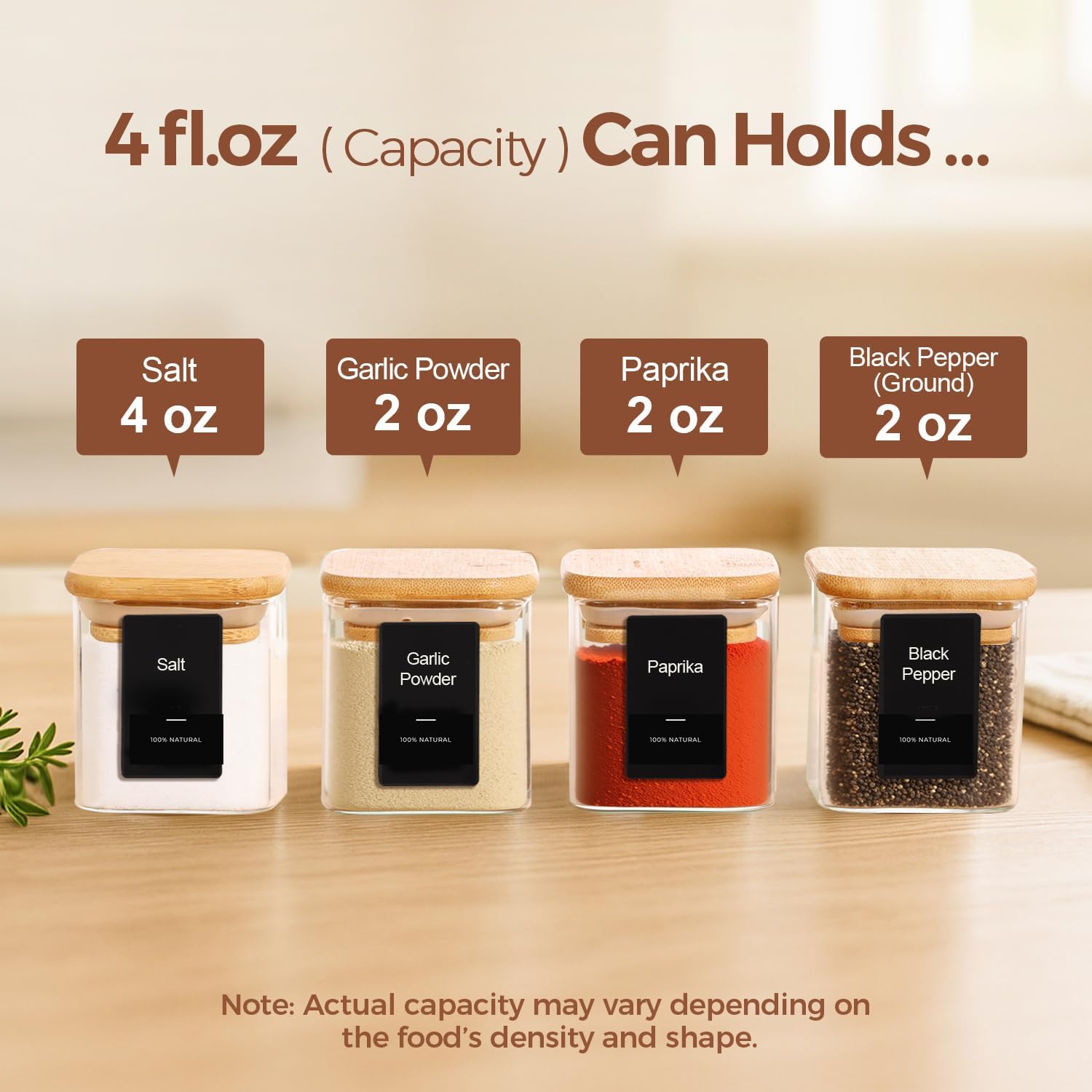 ComSaf 12Pcs Spice Jars with Labels, Glass Jar with Bamboo Lid, 4oz Airtight Square Spice Containers with Black Lables, Empty Seasoning Jars for Spice, Salt, Pepper, Sugar