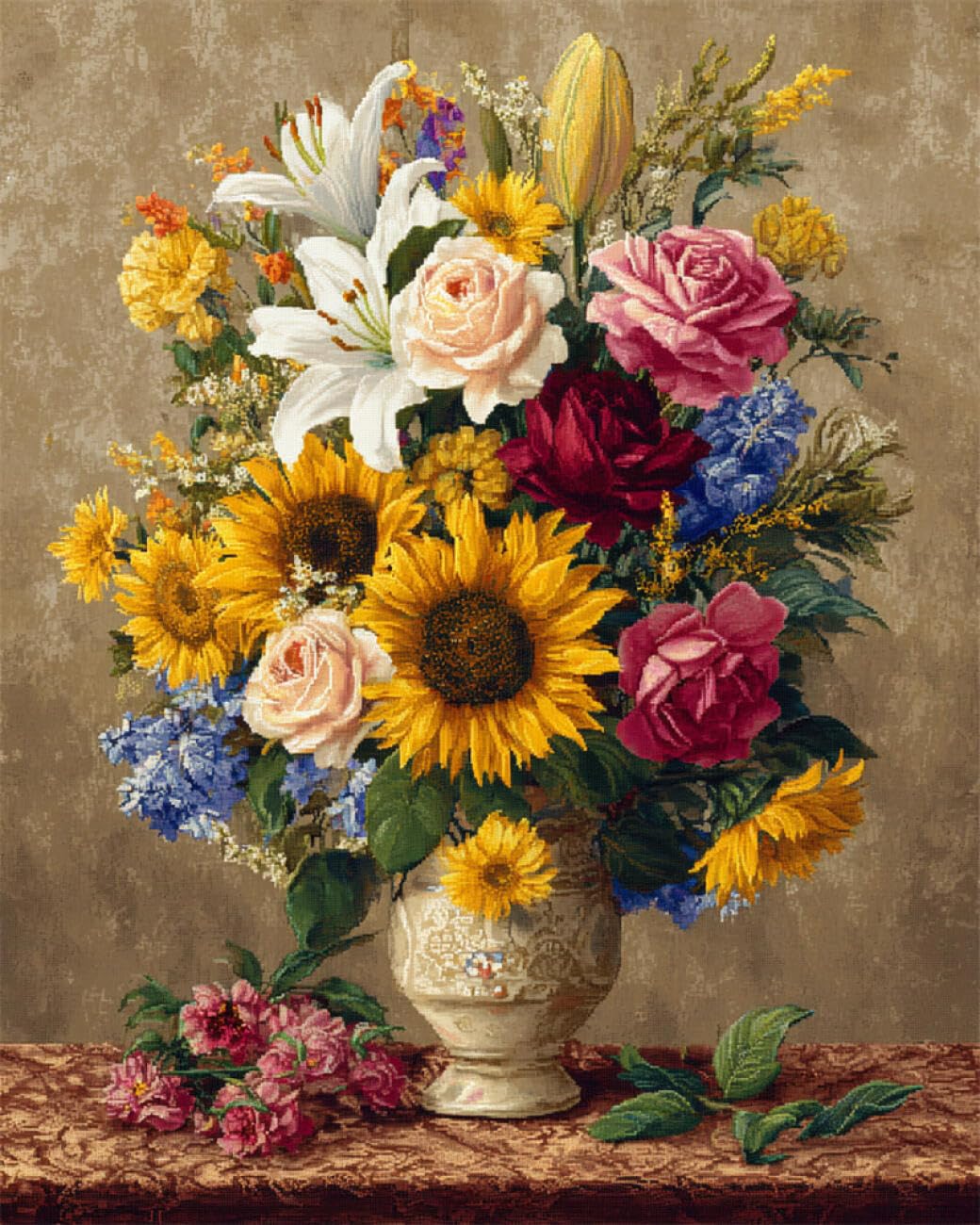 AMBATTERY DIY Beaded Cross Stitch Kit Flowers in A Vintage Vase Needlepoint Handcraft Kit DIY Beaded Painting 3D Tapestry Bead Cross Stitch Set 40x50cm