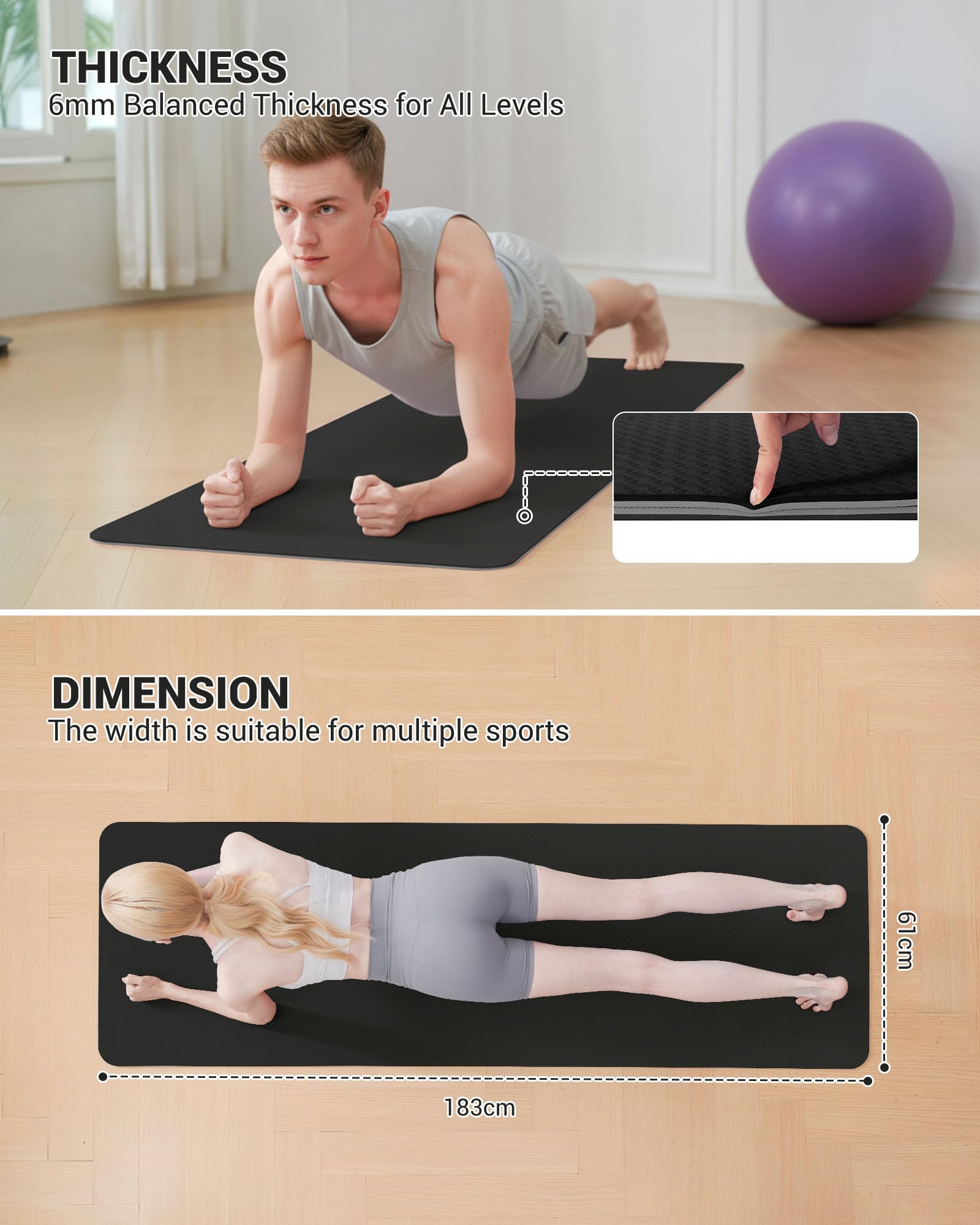 Good Nite Tappetino da ginnastica, yoga, fitness, antiscivolo, per allenamento, sport, turn, pilates, con tracolla, 183 x 61 x 0,6 cm