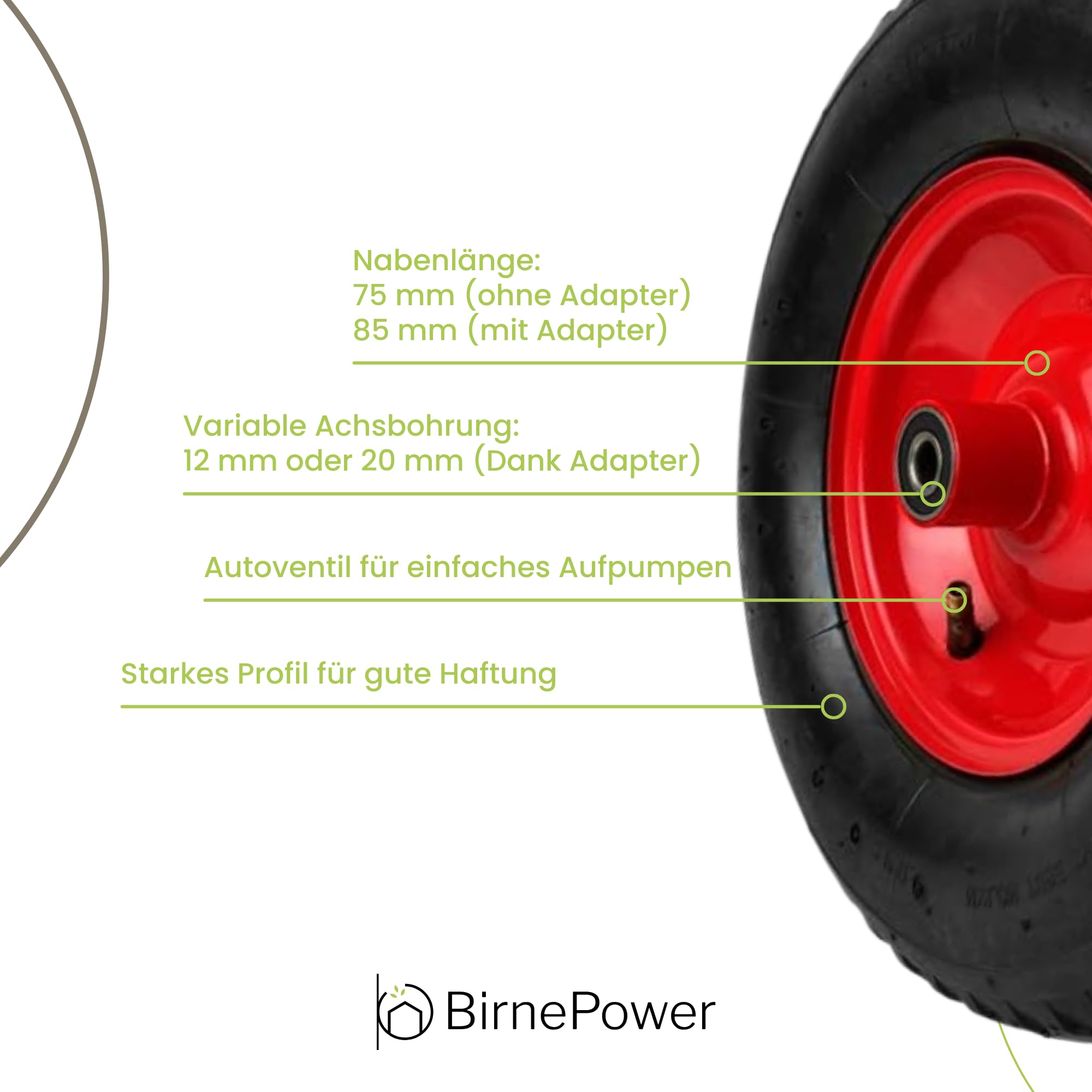 BirnePower Schubkarrenrad Rad Räder Ersatzrad Luftrad Felge rot 4.10/3.50-6 2PR mit Achse Luftbereift