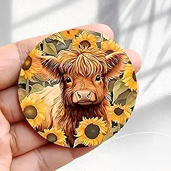 Ímã de geladeira vintage design de vaca fofa entre girassóis - adesivo de geladeira redondo acrílico de 5,8 cm, presente de decoração retrô, tamanho perfeito para geladeira, armário ou qualquer