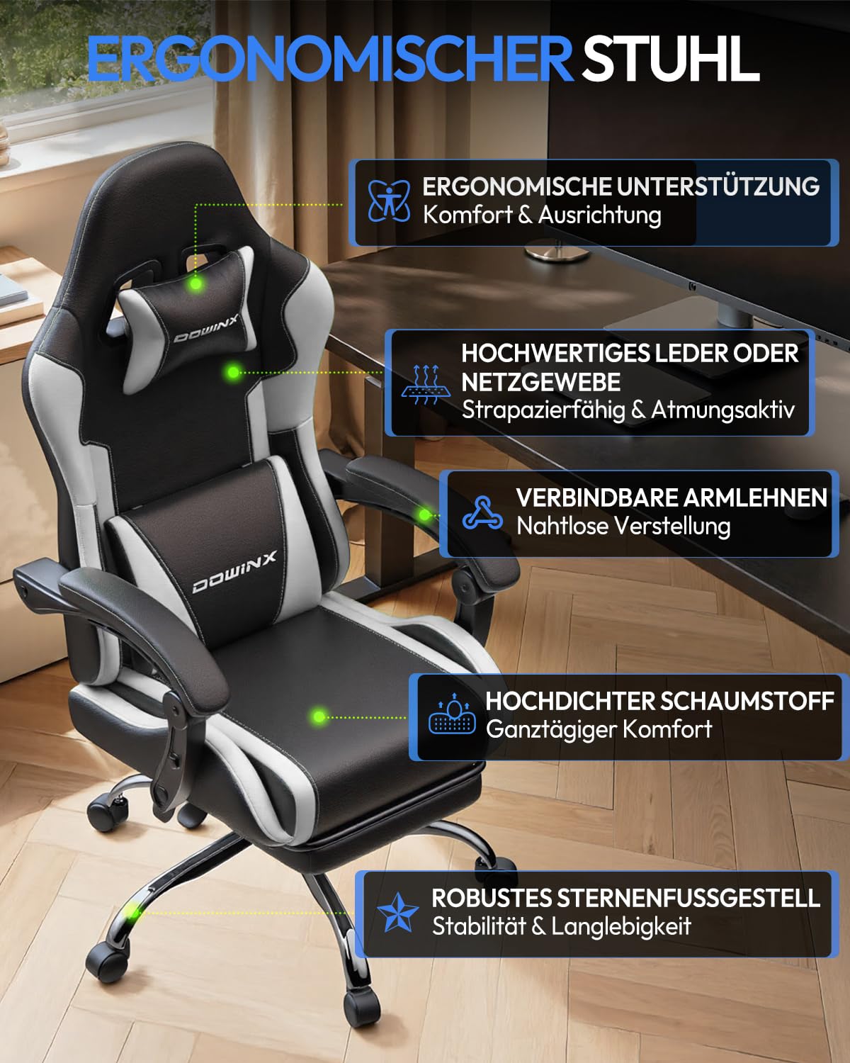 Dowinx sedia da gaming ergonomica con massaggio e poggiapiedi, poltrona gaming reclinabile 150°, braccioli regolabili, sedia ufficio imbottita, portata 180 kg, Bianco