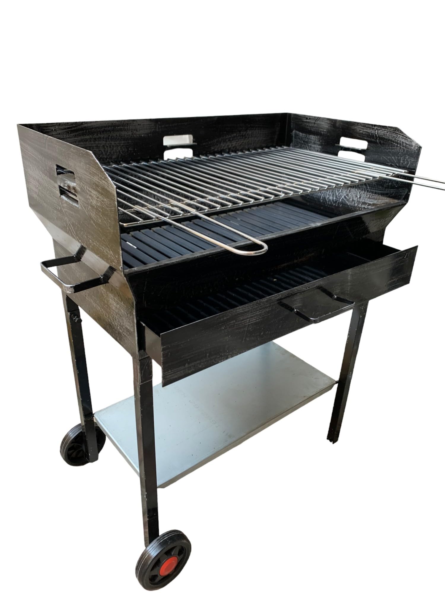 Barbecue a Legna e Carbonella in Ferro, con Ruote, Regolabile su 2 Altezze, Griglia in Acciaio, Ripiano poggia utensili (60x38 cm)