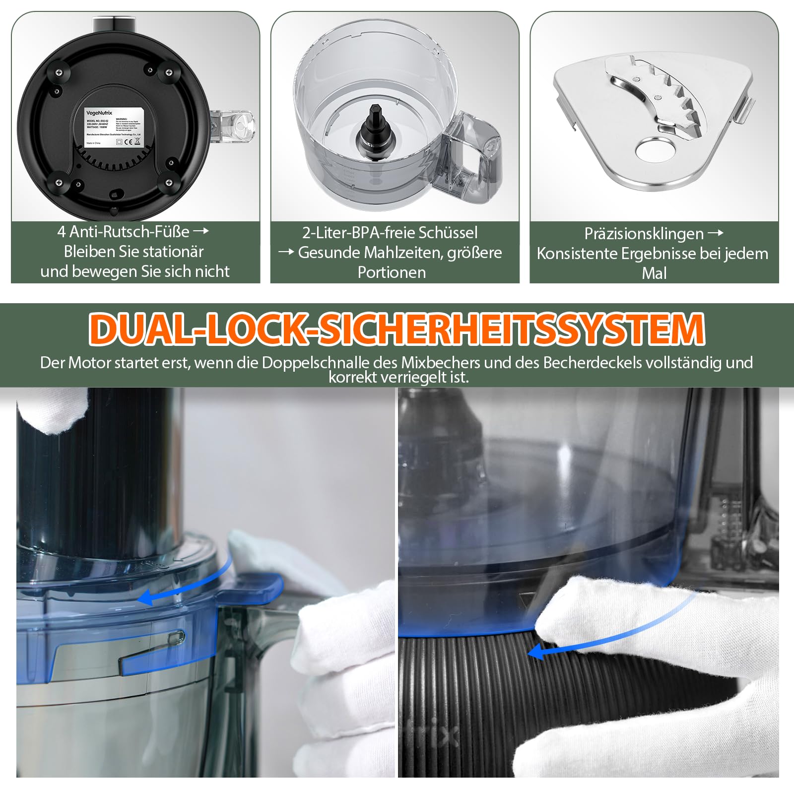 Robot de cuisine multifonction 1500 W, 11 fonctions, bol de 2,5 l et récipient de 1,5 l, mini hachoir, disque de coupe, presse-agrumes, hachoir à pétrissage