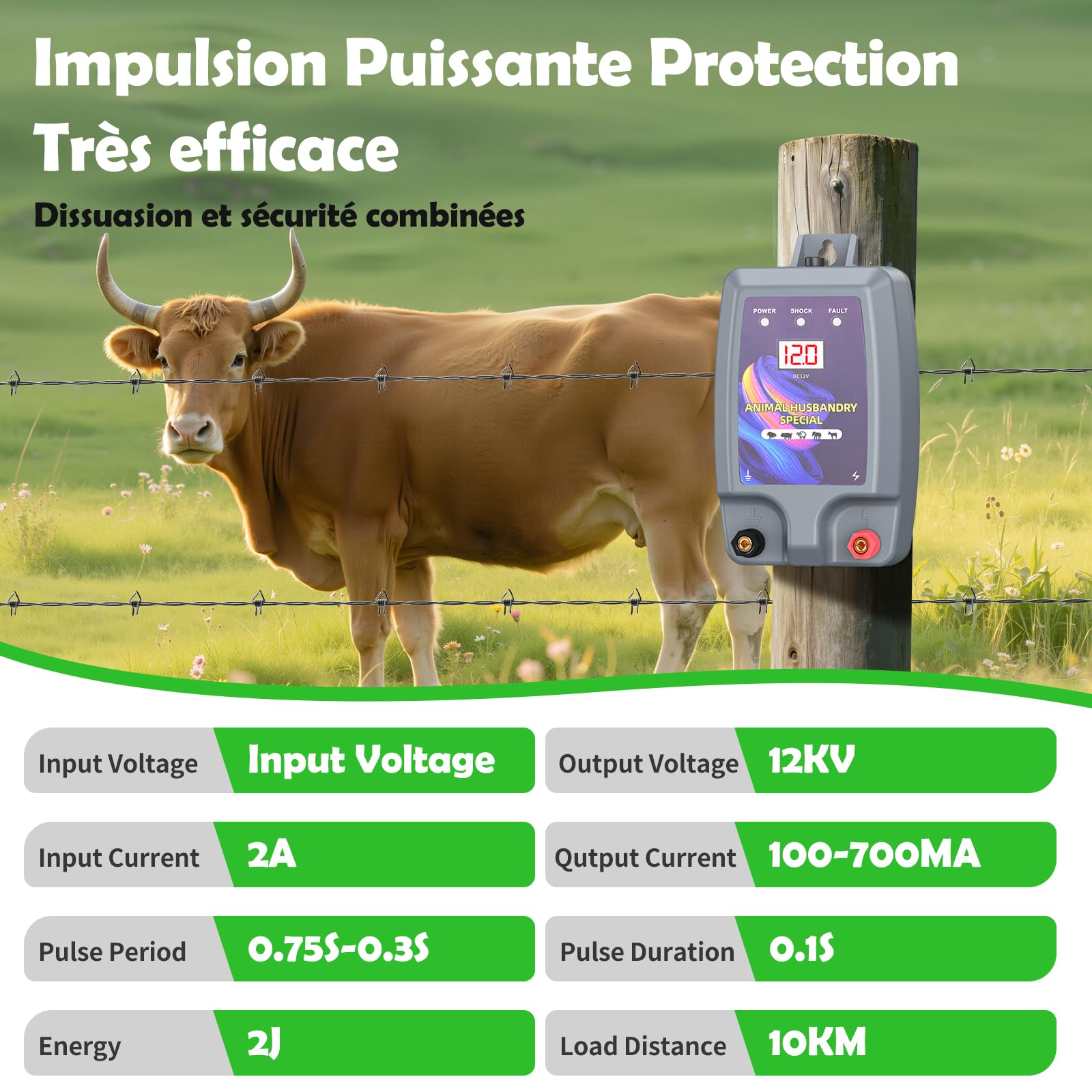 10KM Clôture Électrique pour Animaux, Électrificateur Clôture Électrique Haute Puissance, 12kV 2.0J ClôTure éLectrique pour protection Moutons Chevaux Jardin Pâturages Ferme (Gris)