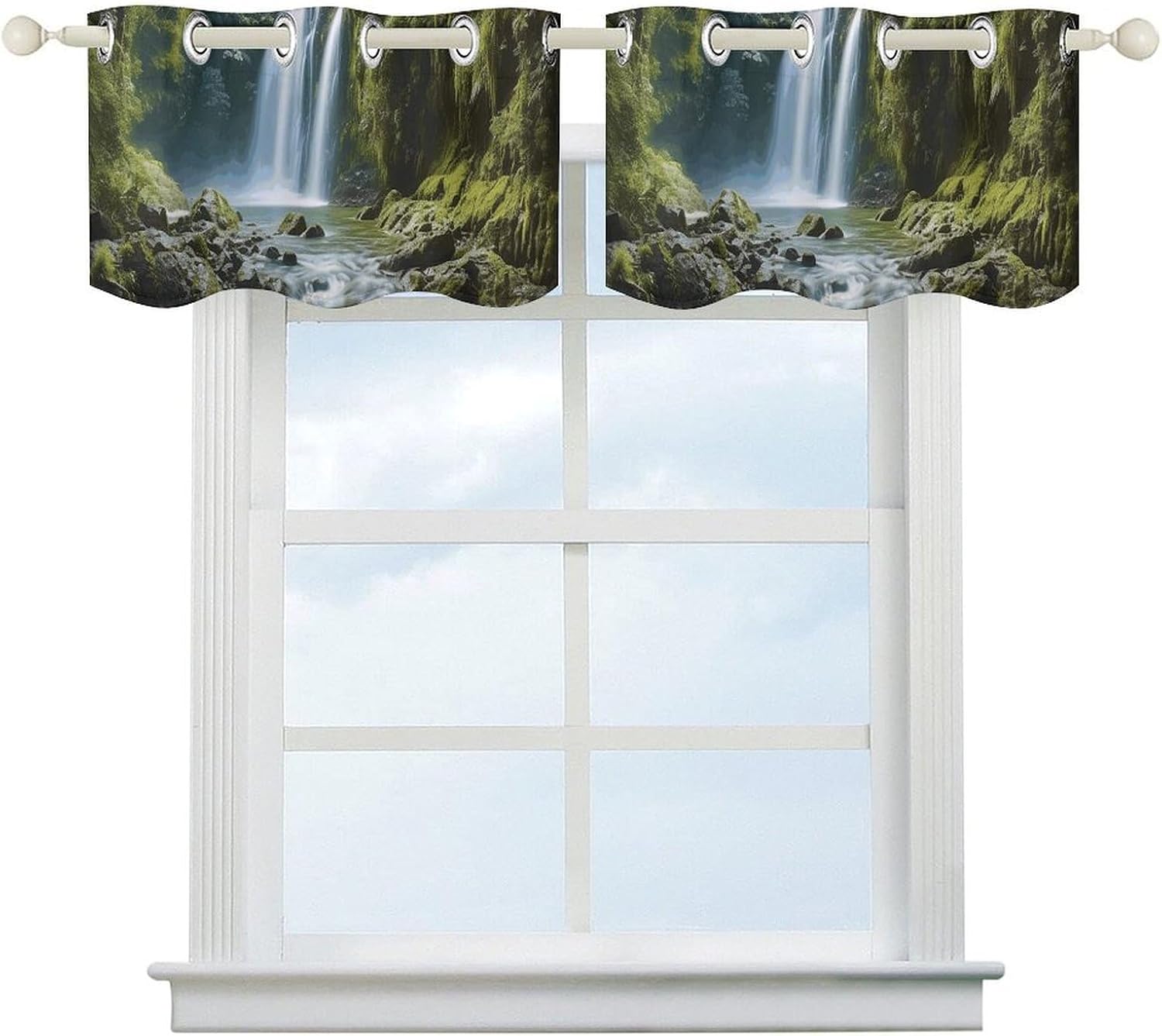 Waterfall Landscape Painting Valance for Windows, 2 Pack Kitchen Curtains Modern Home Decor, Soft Blackout Window Curtains for Living Room & Bedroom, 18 X 52 Inch