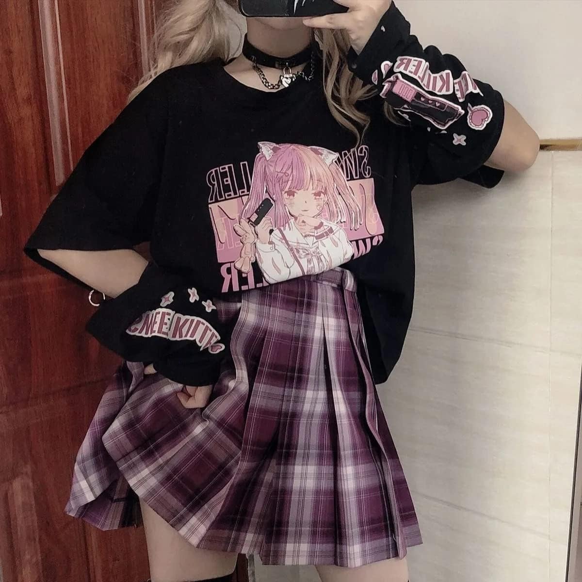 アニメtシャツロングスリーブトップジッパー除去tシャツjk女の子かわいい服綿tシャツ女性原宿漫画プリントトップス Black 2 Xxl 国産