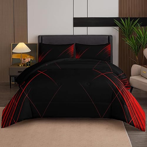 Tailor Shop Juego de edredón abstracto rojo y negro, tamaño Queen, negro y rojo, para niños, adolescentes, juegos de ropa de cama de arte moderno