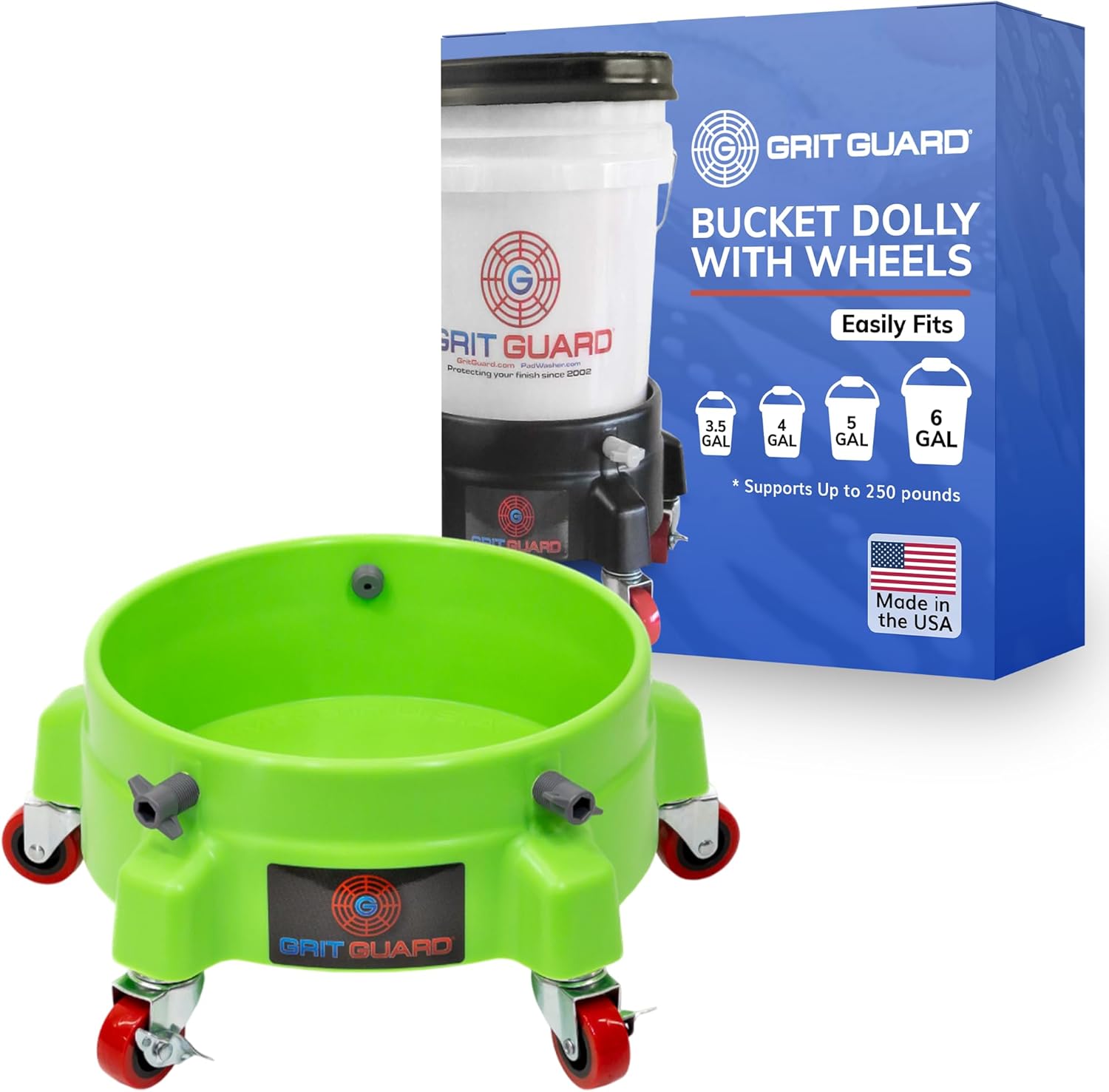 GRIT GUARD Bucket Dolly with Wheels - Rolling Detailing Wash Bucket with 5 Wheels and 2 Locking Casters Compatible with 2.5, 4, 5 and 6 Gallon Buckets (Blue, 2" Red Casters)