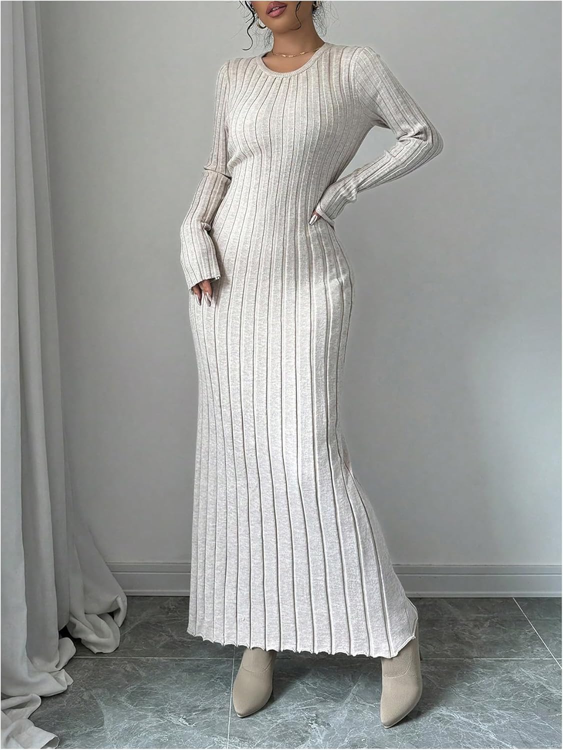 MakeMeChic Women's Sweater Dress Long Sleeve Tie Back Rib Knit Going Out Maxi Dress - Image 3