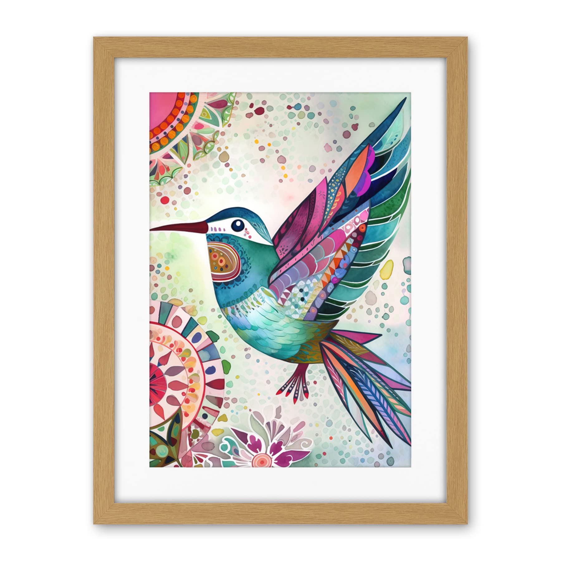 Artery8 Hummingbird With Multicolour Mandala Patterns Folk Art Watercolour Painting Artwork Framed Wall Art Print 18X24 Inch