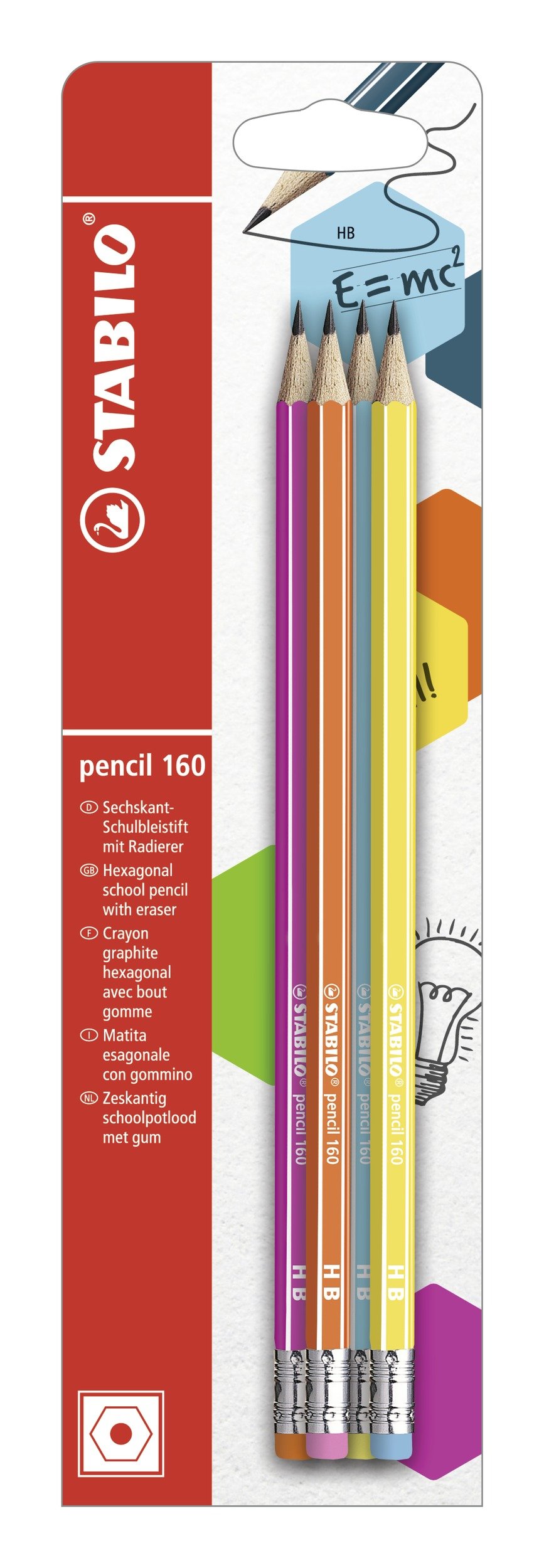 STABILO pencil 160 - Hexagonal Graphite Pencil with Eraser - Pack of 4 - Pink, Blue, Orange, Yellow - Degree HB
