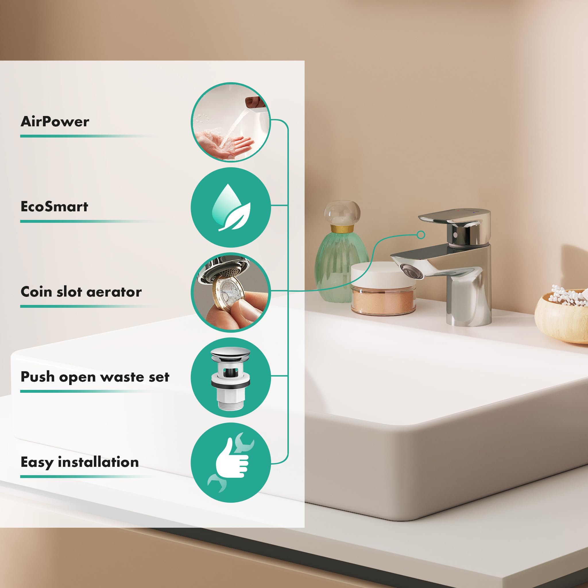 hansgrohe Neovis Q 71346000 bateria umywalkowa z odpływem Push-Open, kran łazienkowy z wylewką, wysokość 63 mm, bateria mieszakowa do umywalki oszczędzająca wodę (EcoSmart), chrom, 71346000