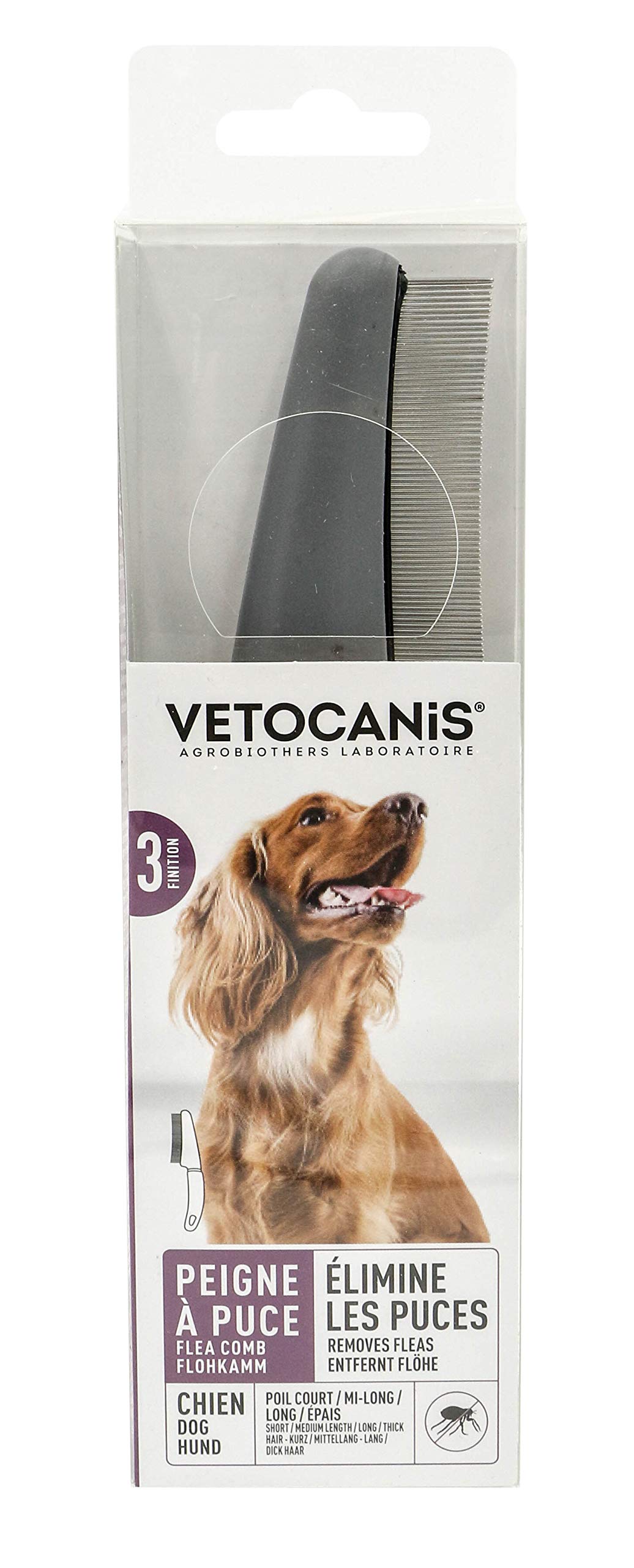 VETOCANIS Peigne Anti-Puces pour Chien, Peigne de Toilettage aux fines dents en Acier Inoxydable.