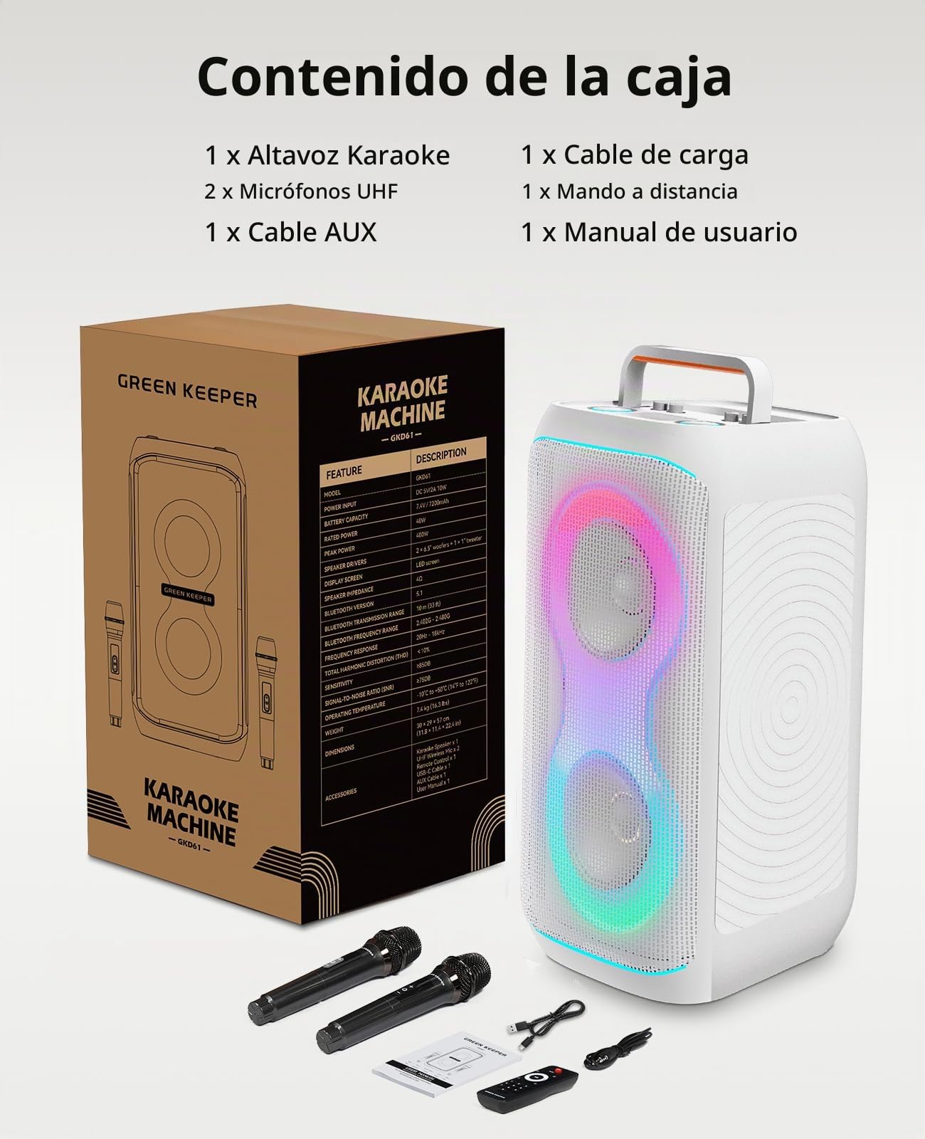 GKD61 Máquina Karaoke Adultos 2 Micrófonos UHF Inalámbricos, Sistema de 400W Pico, Subwoofers Duales de 6,5", Altavoz Bluetooth Portátil para Fiestas, Mando, Control de Graves y Agudos para Exterior