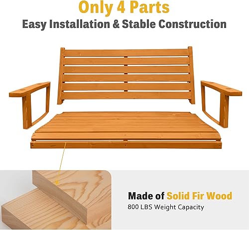 Miniatura 2 de Columpio de madera para porche, asiento ergonómico, columpio de banco con cadenas colgantes y resortes de 0.276 in, resistente, 800 libras, para