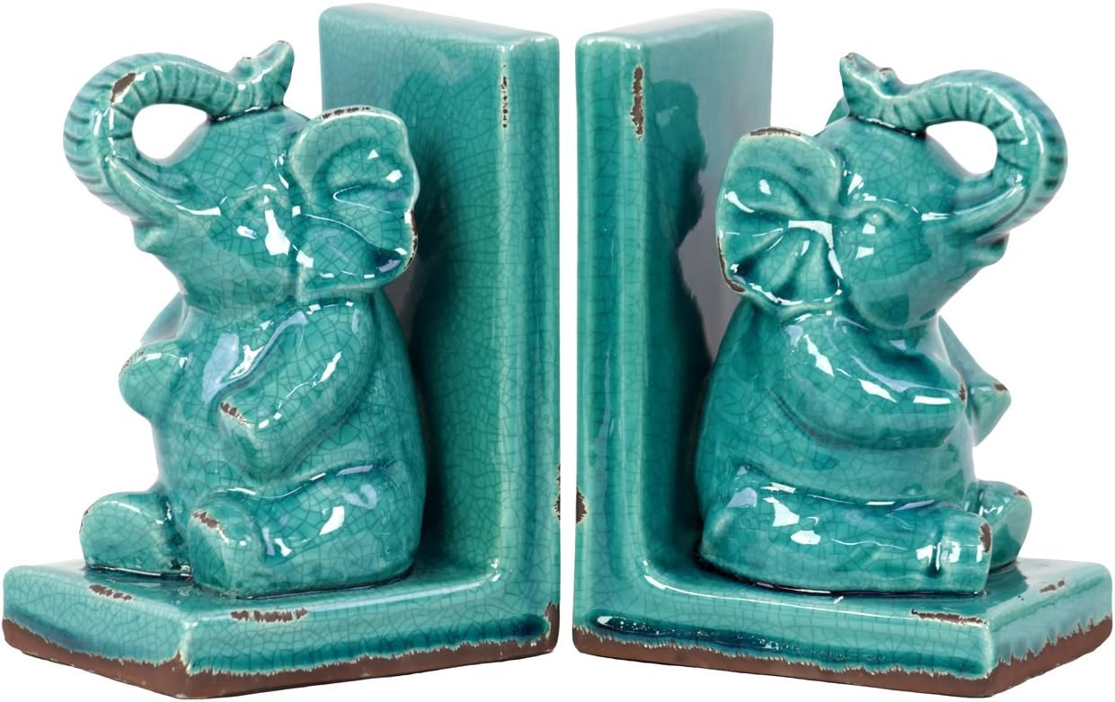 Benzara Adorable & Attractive Stoneware Sitting Elephant Bookend with Glossy Finish, Blue