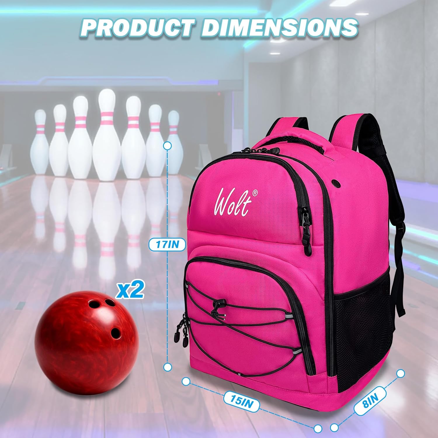 WOLT Bowling Ball Bag,2 Ball Bowling Backpack with Protective Foam Padded & Shoe Compartment Fits Up to Mens Size 16