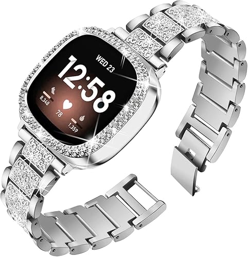 Vista 12 de Correa brillante y funda compatible con Fitbit Versa 4/Fitbit Sense 2 para mujer, pulsera de metal de acero inoxidable de repuesto para Fibit Sense