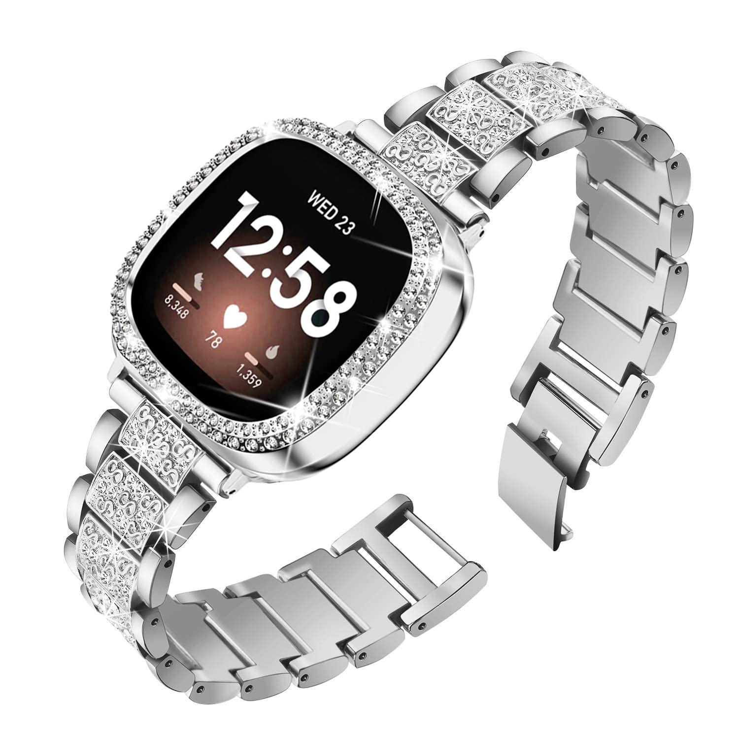 Compatible with Fitbit Versa 4/Sense 2 with Case Women, Jewelry Replacement Metal Wristband Strap with Bling PC Protective Cover for Fitbit Versa 3/