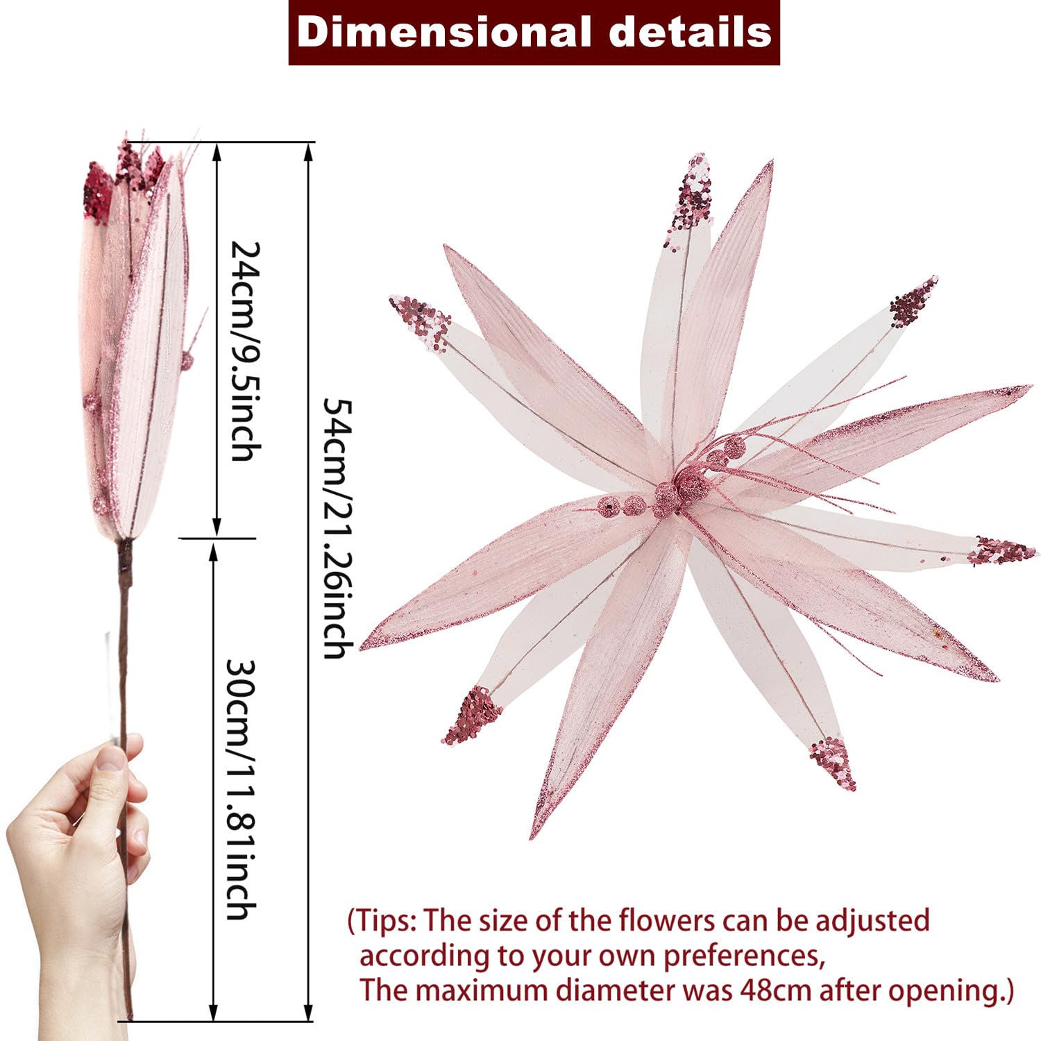 Pack of 4 Extra Large Poinsettias for Christmas Tree,16inch Large Poinsettias Artificial Glitter Flowers Picks with 11.8inch Long Stems for Xmas Tree Party Holiday Wedding Decorations (Pink) - Image 2