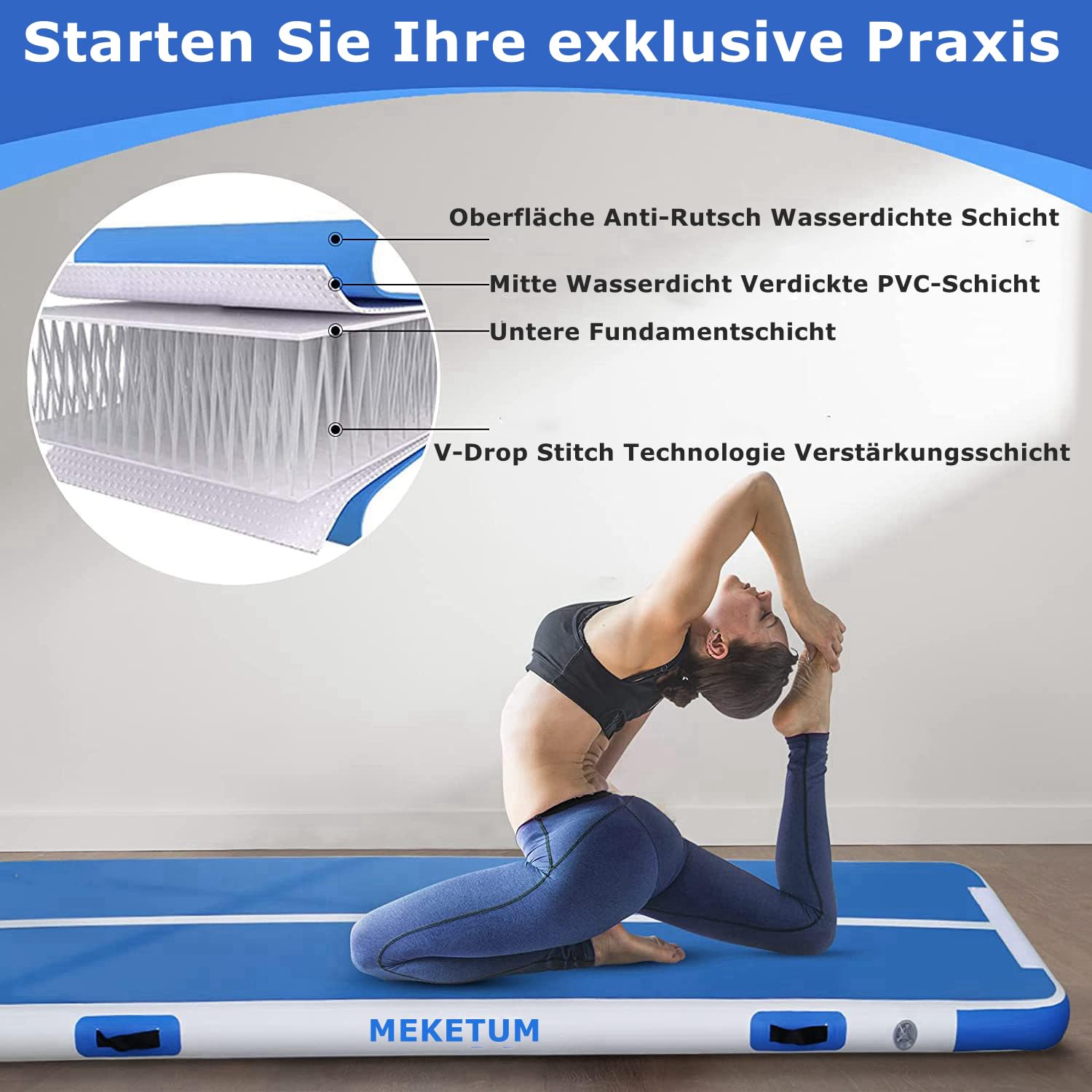 MEKETUM Air Track Tappetino Ginnastica Artistica 2 3 4 5 6 Metri 10/20CM Spessore Materasso Ginnastica da Casa/Yoga/Formazione/Cheerleading/Divertimento Acqua con Pompa Elettrica