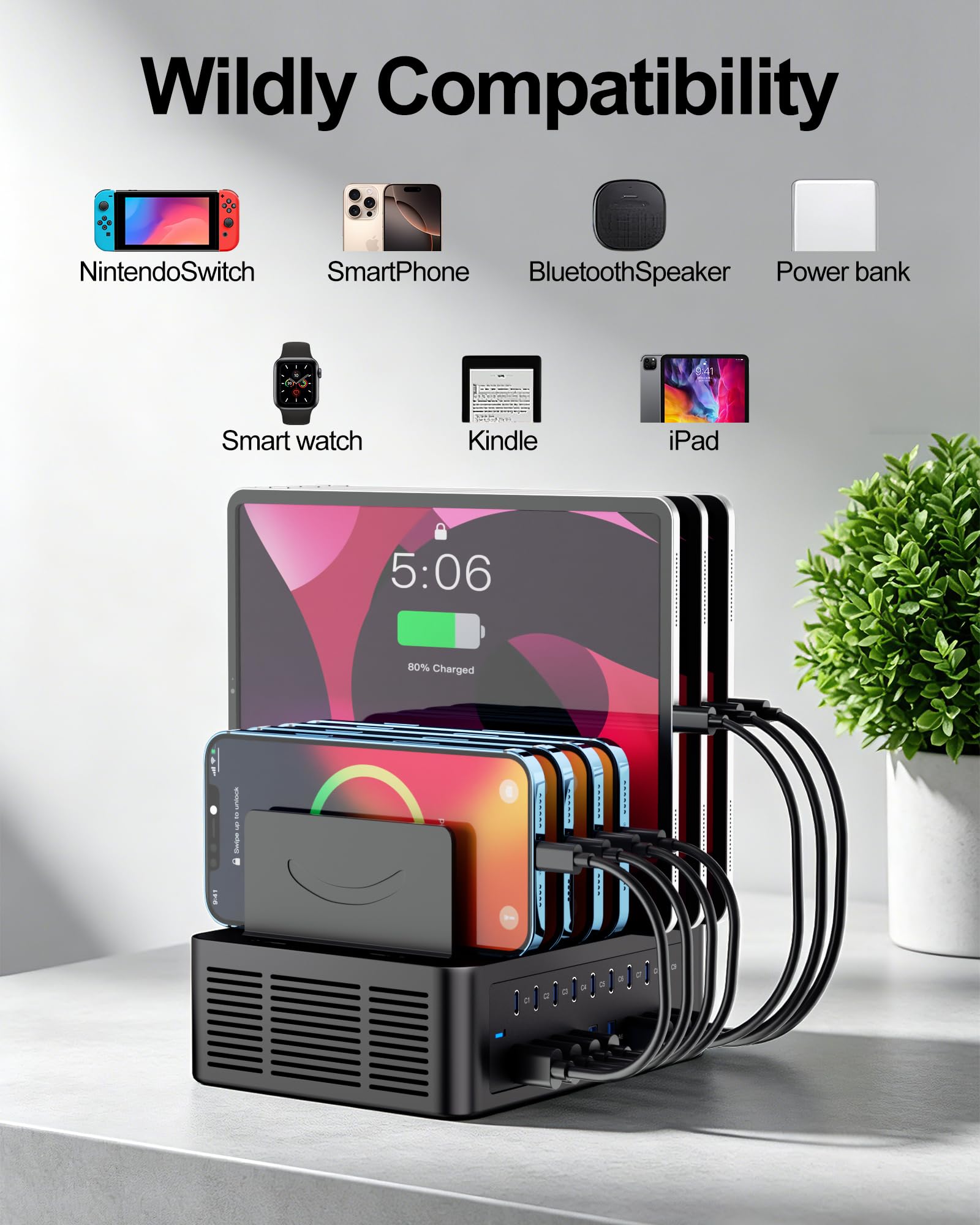 Estación de carga de 200 W/40 A para múltiples dispositivos, cargador rápido USB C de 18 puertos | Con separadores ajustables, base de carga organizadora múltiple para smartphone, iPad, Kindle, tableta y más
