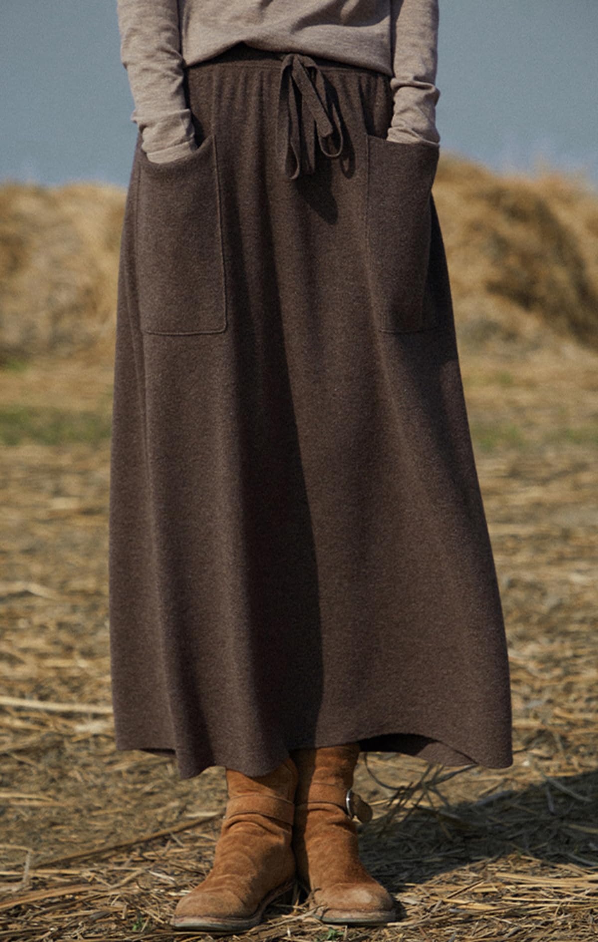 Falda Larga de Lana para Mujer con Bolsillos Cintura Elastica Cálida Falda Midi Plisada Invierno Otoño