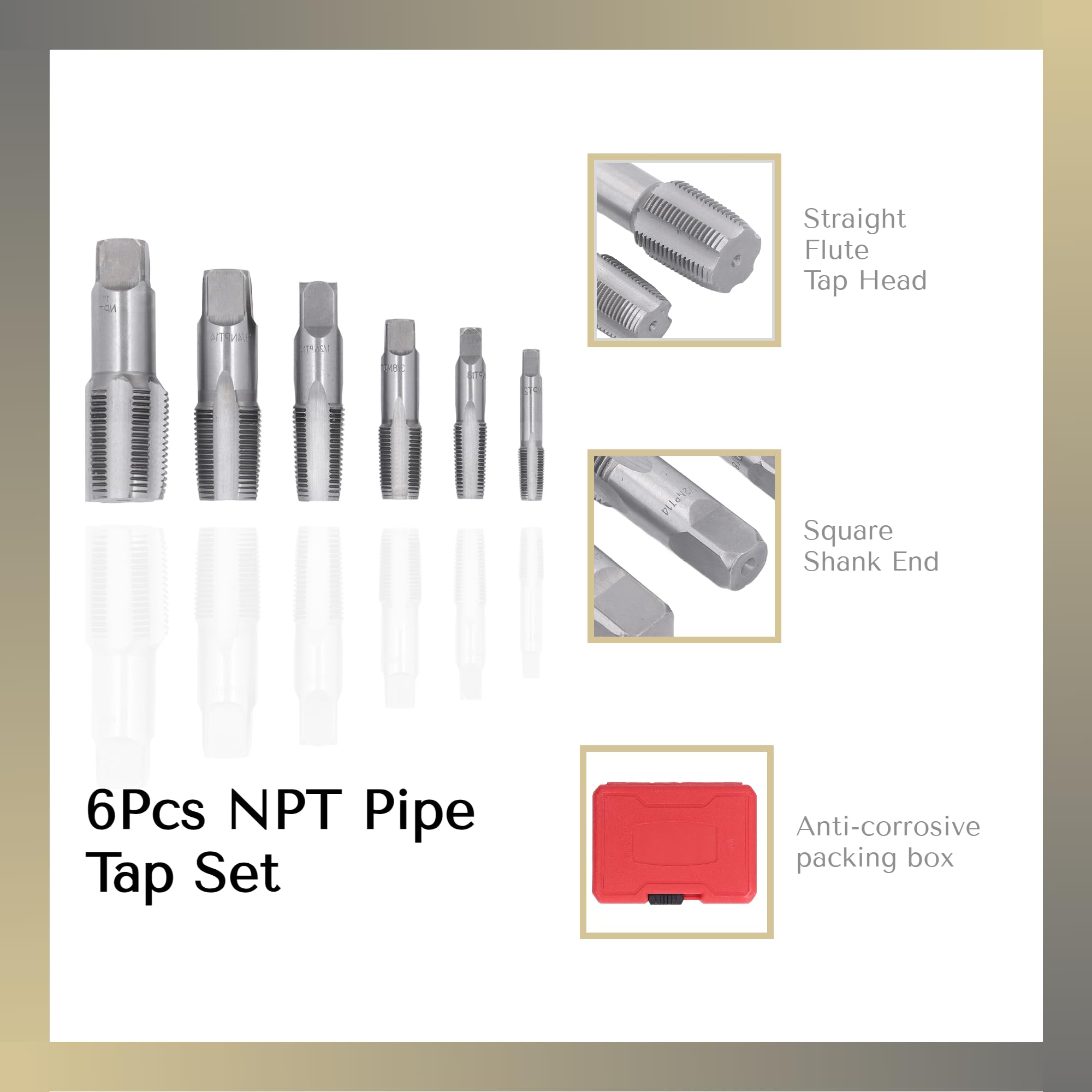 6Pcs Pipe Tap NPT Set, Carbon Steel Thread Tapping Tool Kit for PVC Pipe Hand Threading Plumbing Tap - Image 4