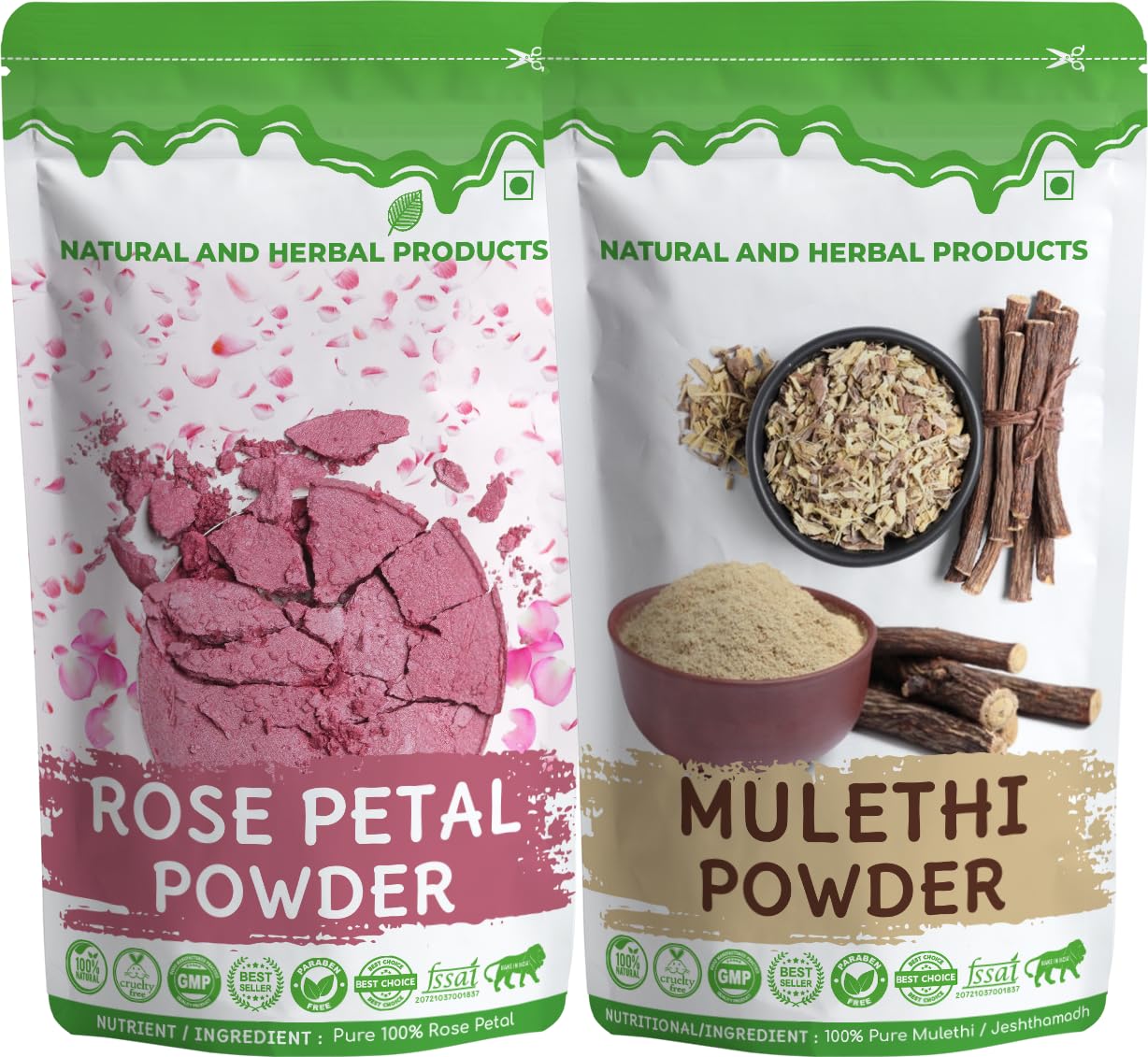 Rose Petal Powder & Mulethi Powder Combo | 100% Pure & Natural Herbal Powders | Skin Brightening, Pigmentation Care, Glow Enhancement & Herbal Wellness | Chemical-Free Ayurvedic Skincare (Pack Of 2)