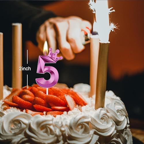 Miniatura 2 de Vela de cumpleaños número 5, decoración temática morada para fiesta de cumpleaños número 5, velas de números diseñadas con corona 3D para decoración