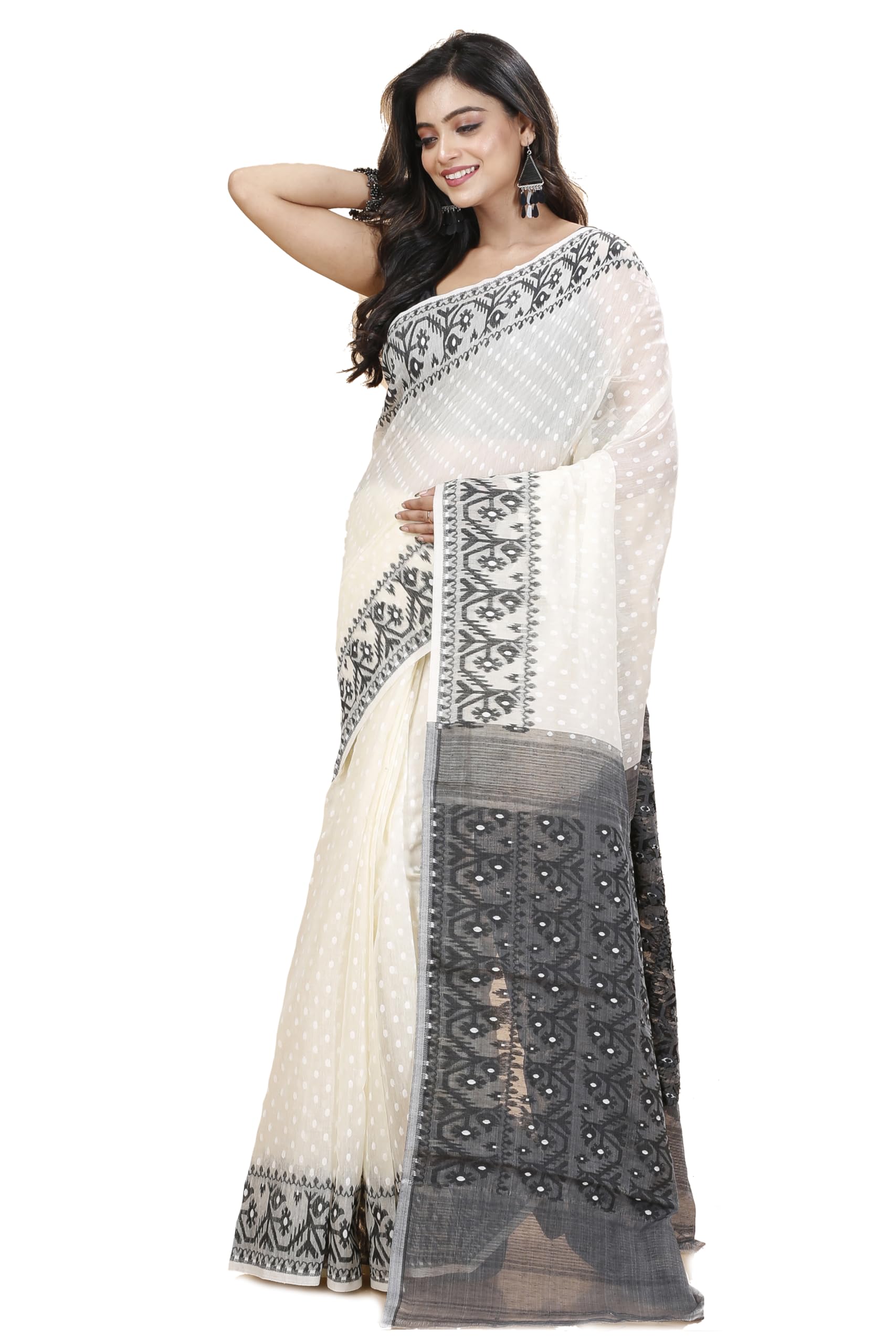 Tant Vastra Women’s Soft Resham Dhakai Ball Work Jamdani Saree without Starch And Without Blouse Piece (Steel)