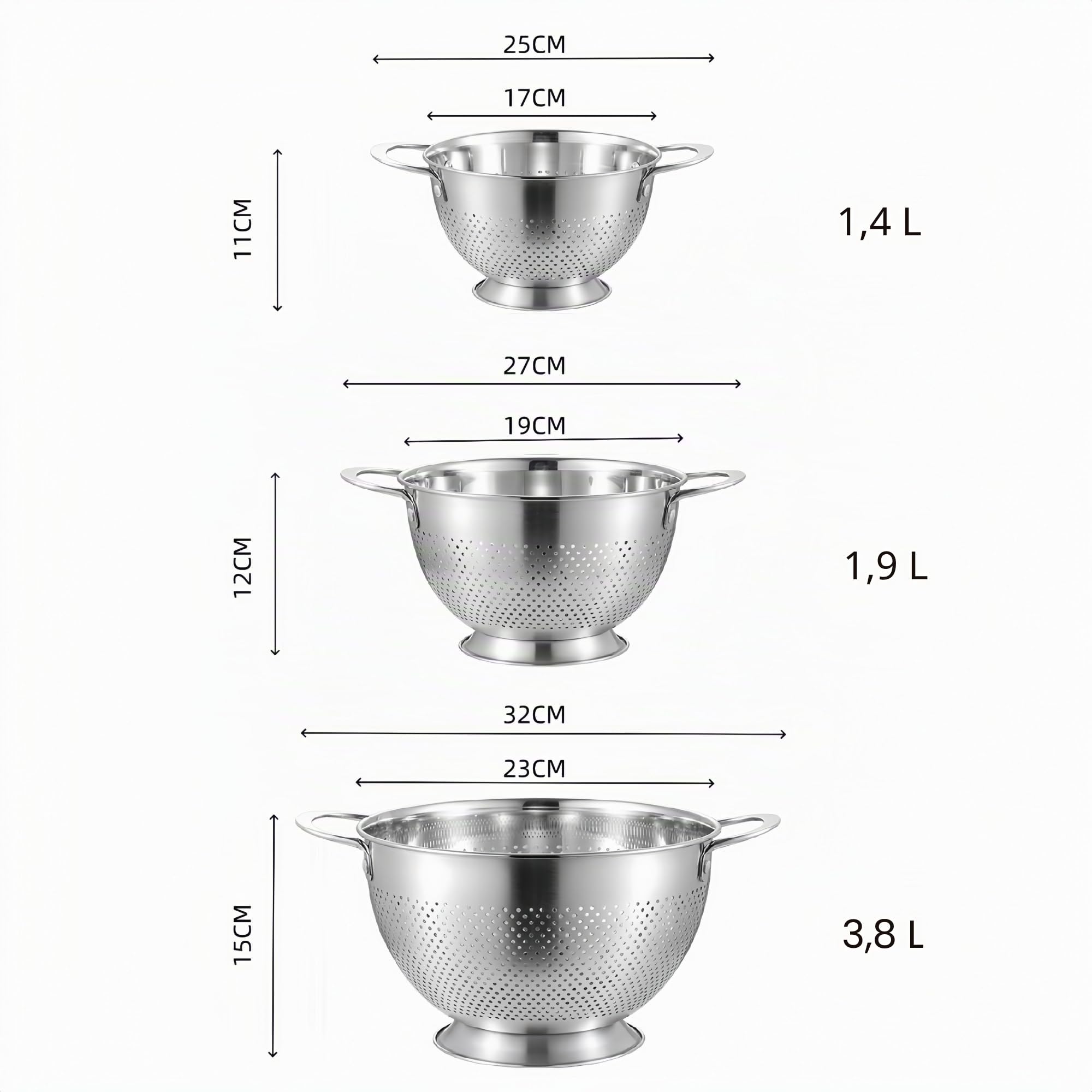 3 Pièces Passoire Inox Tamis Cuisine avec Poignées et Base Métal Ustensile Cuisine pour Pâtes Salade Riz
