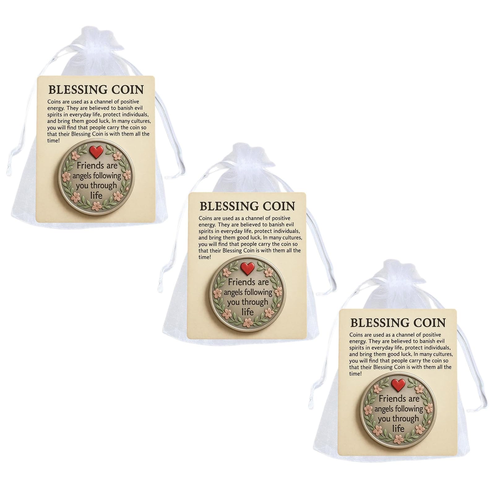Jazuaiao 3Pcs Heartwarming Friendship Coin, Pocket Sized Blessing With Sentimental Card, Meaningful Angelic Friend Message Coin
