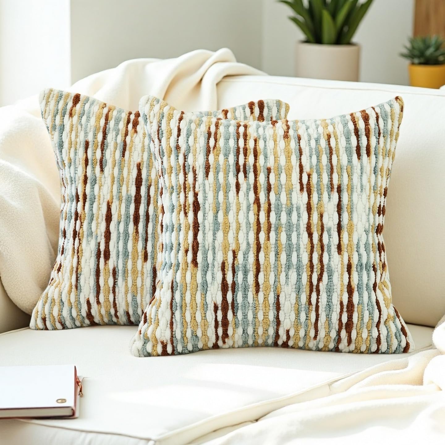 Boho Chenille Striped Pillow Cover 18x18 Inch, Decorative Pillow Cover for Couch Bed Sofa Living Room Bedroom Farmhouse Modern Home Decor Accent Pillowcases Set of 2, Multicolor