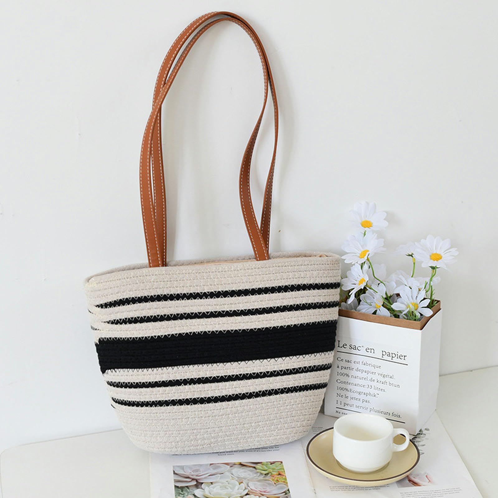 Borsa Paglia Temperamento, Moda, Borsa Tessuta delle Donne, Fashion Tote Bag, Borsa in Pelle Artificiale Intrecciata con Una Spalla, Grande capacità